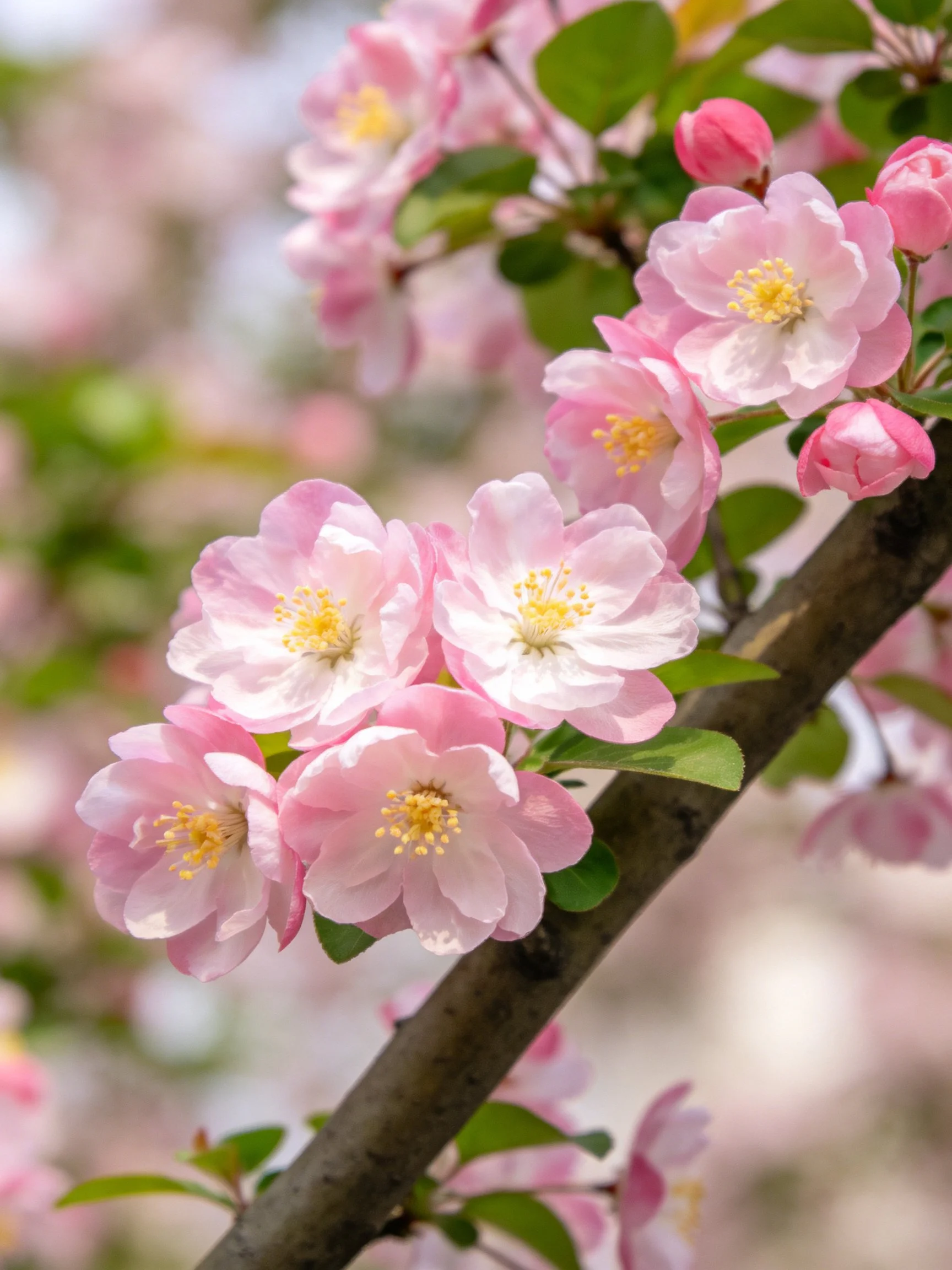 Dense pink blossoms clustered on a dark brown branch