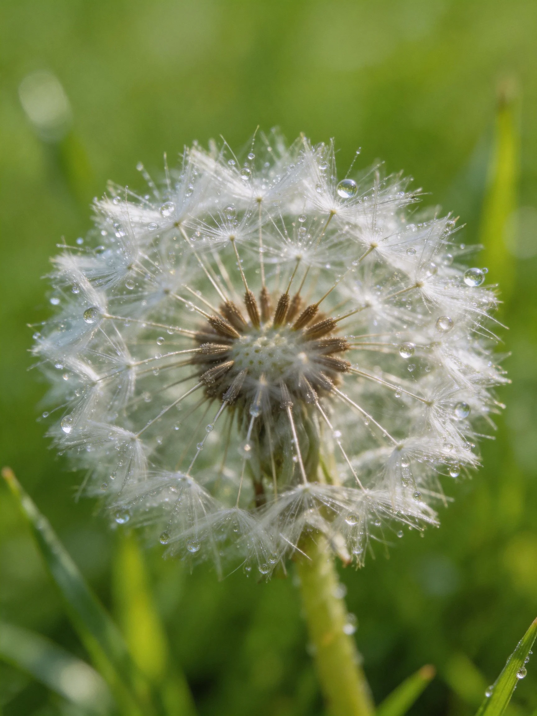 Dew-covered dandelion seed head among green foliage