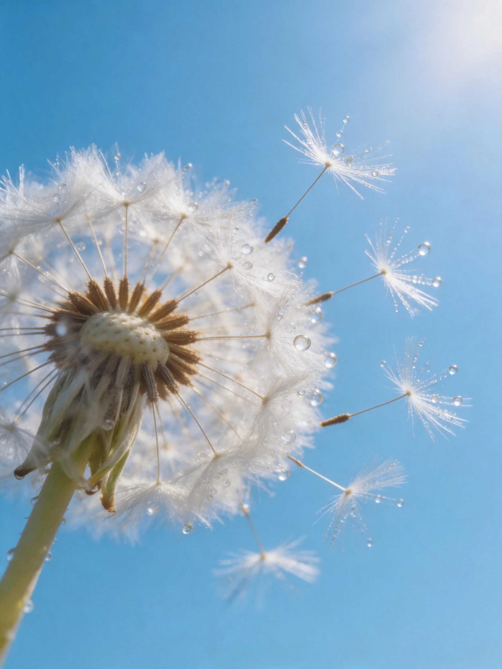 Dew-draped dandelion seeds suspended in clear blue sky