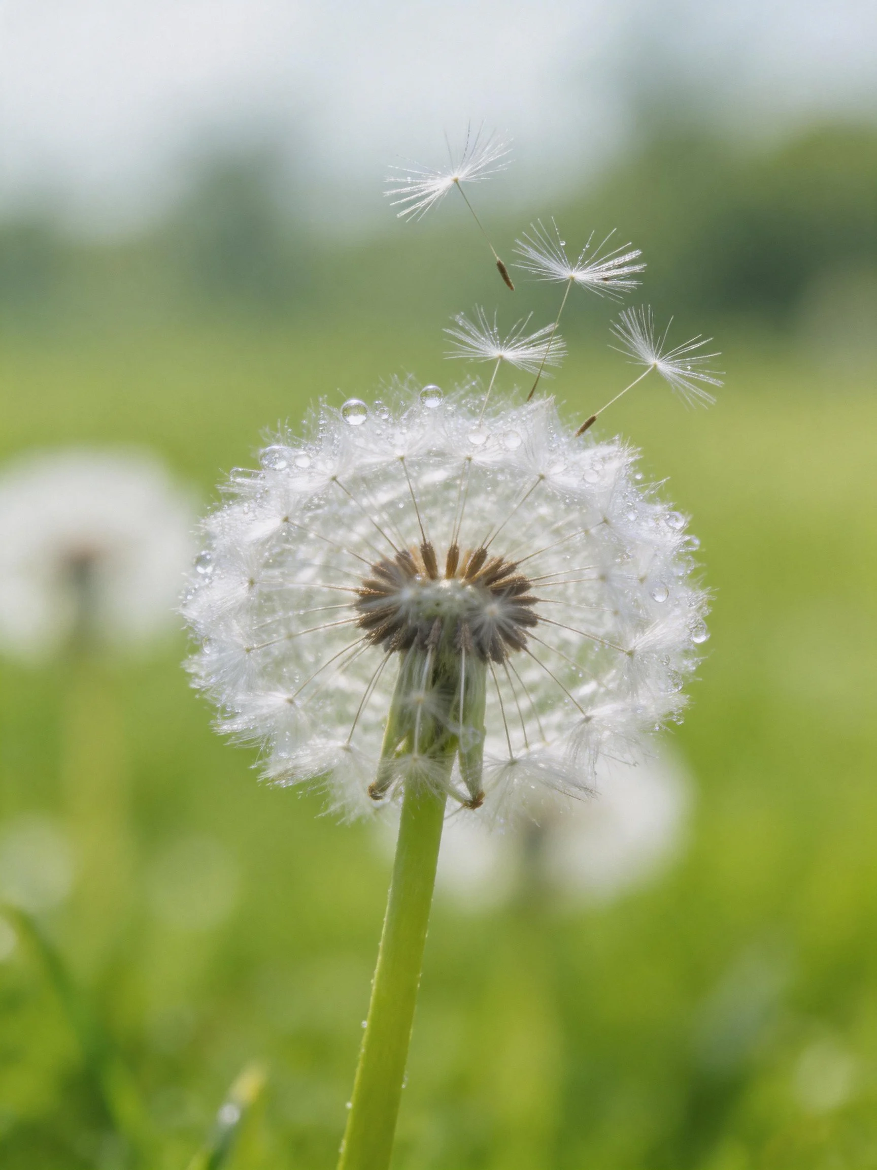 Dew-dusted dandelion seed head with floating filaments