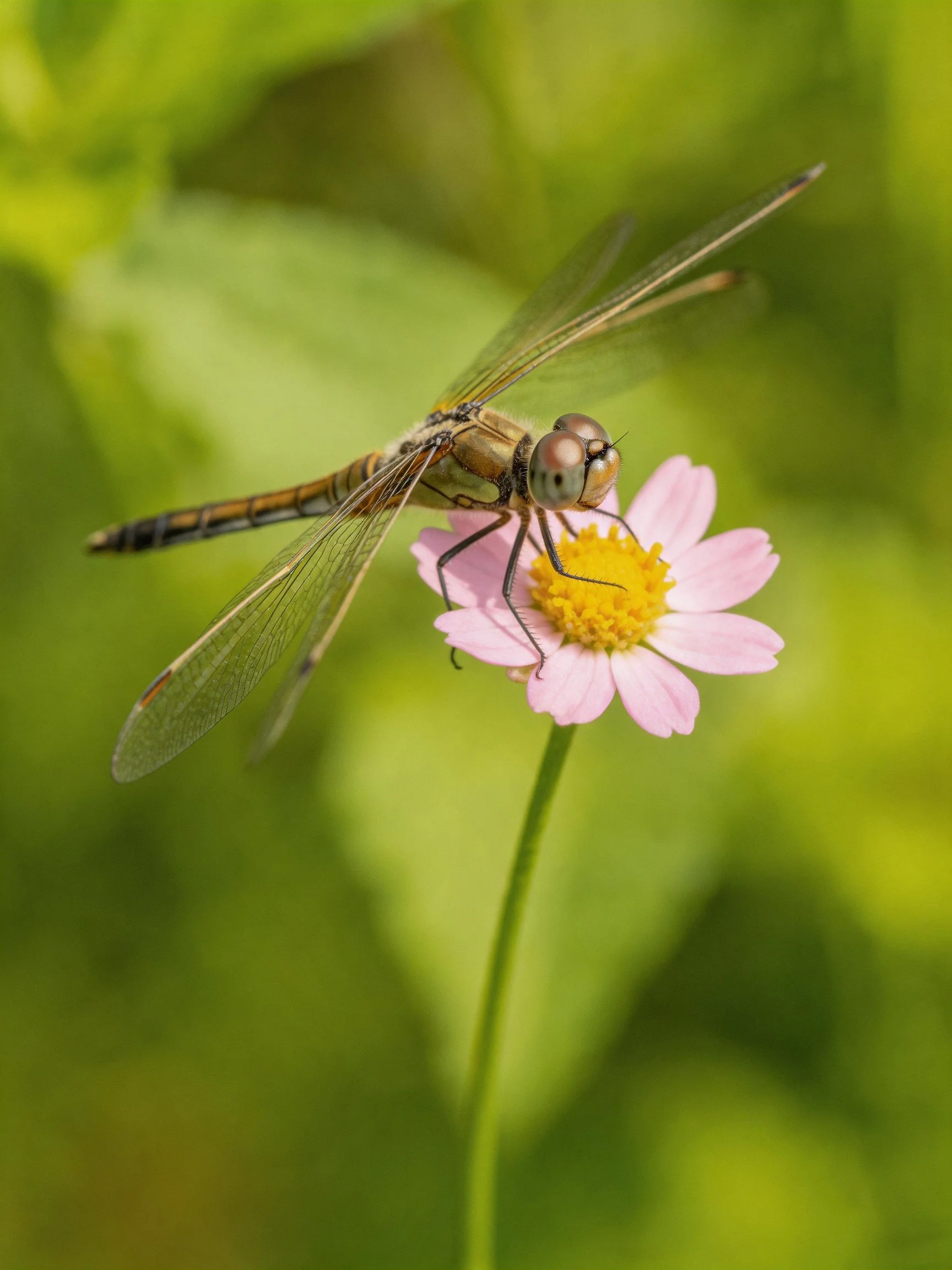 Dragonfly perched on pink flower with yellow center among green foliage