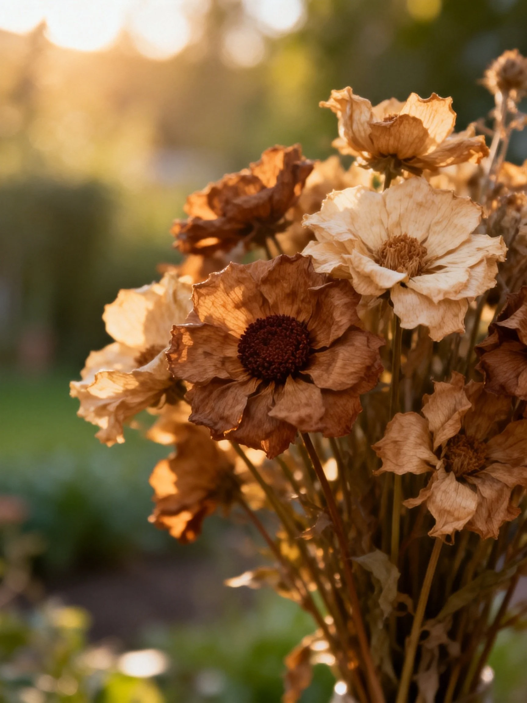 Dried brown and beige flowers illuminated by golden sunset light