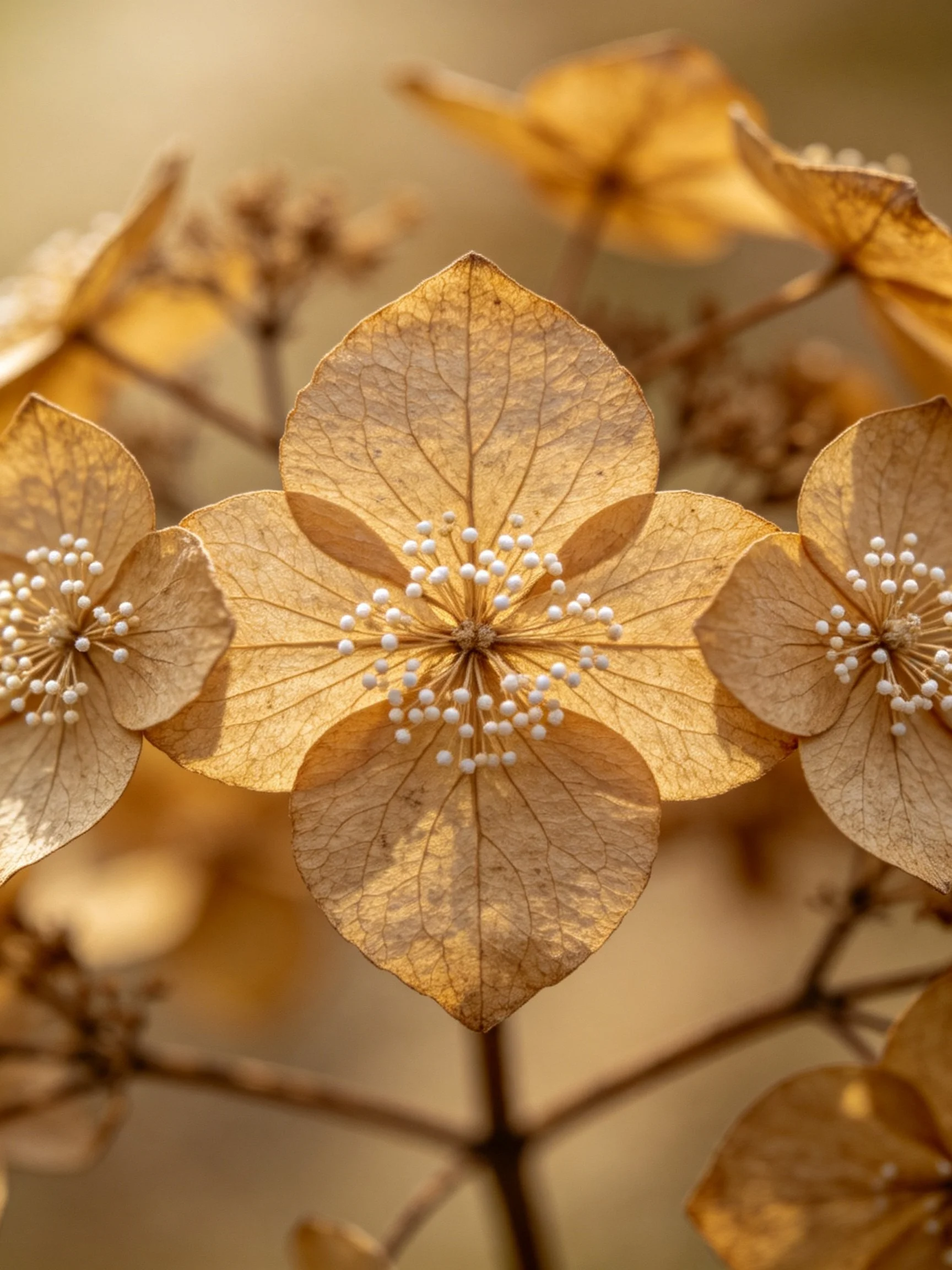 Dried hydrangea flowers with golden-brown petals and white stamens