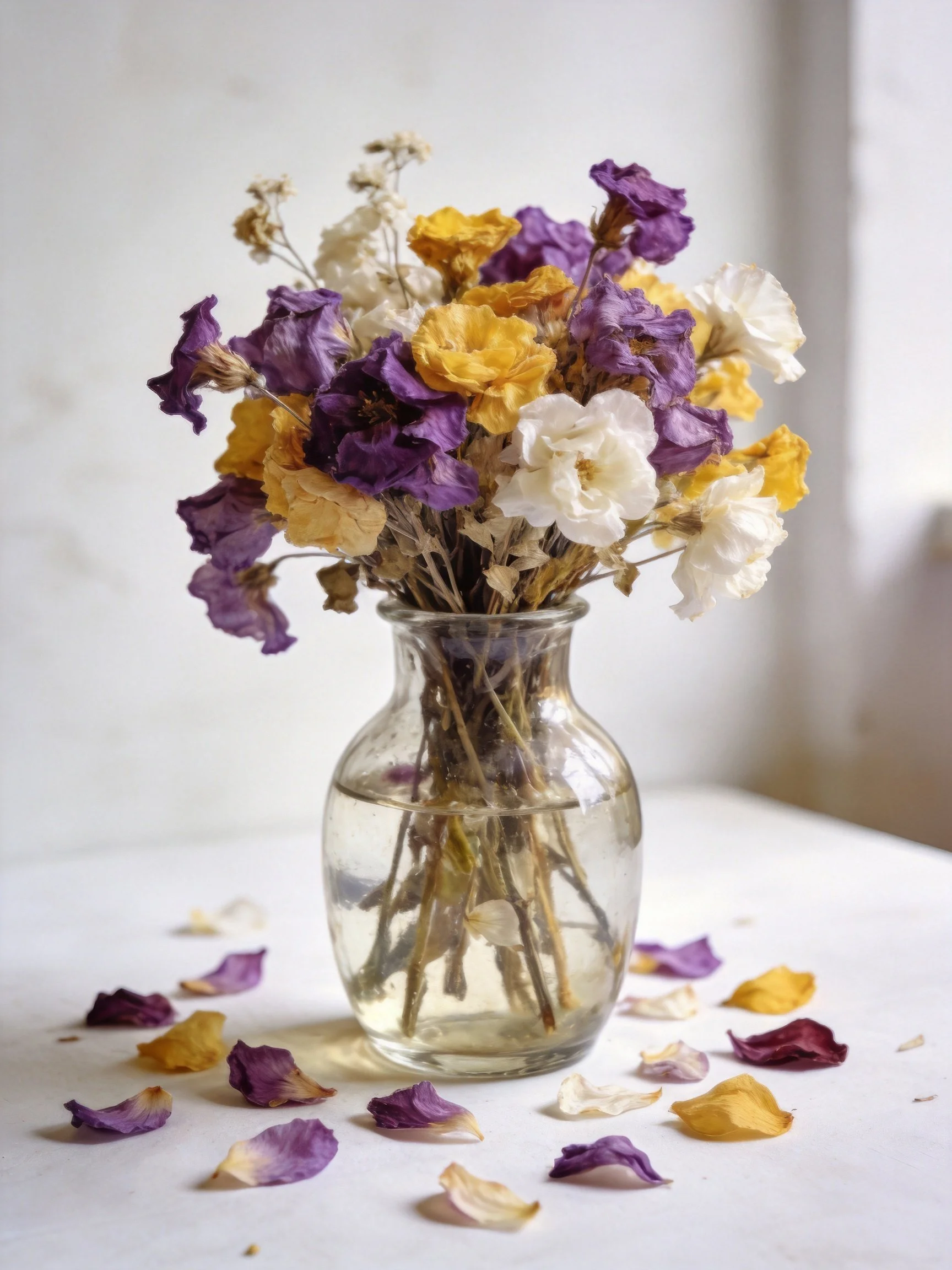 Dried multicolored flowers arranged in a clear glass vase with scattered petals