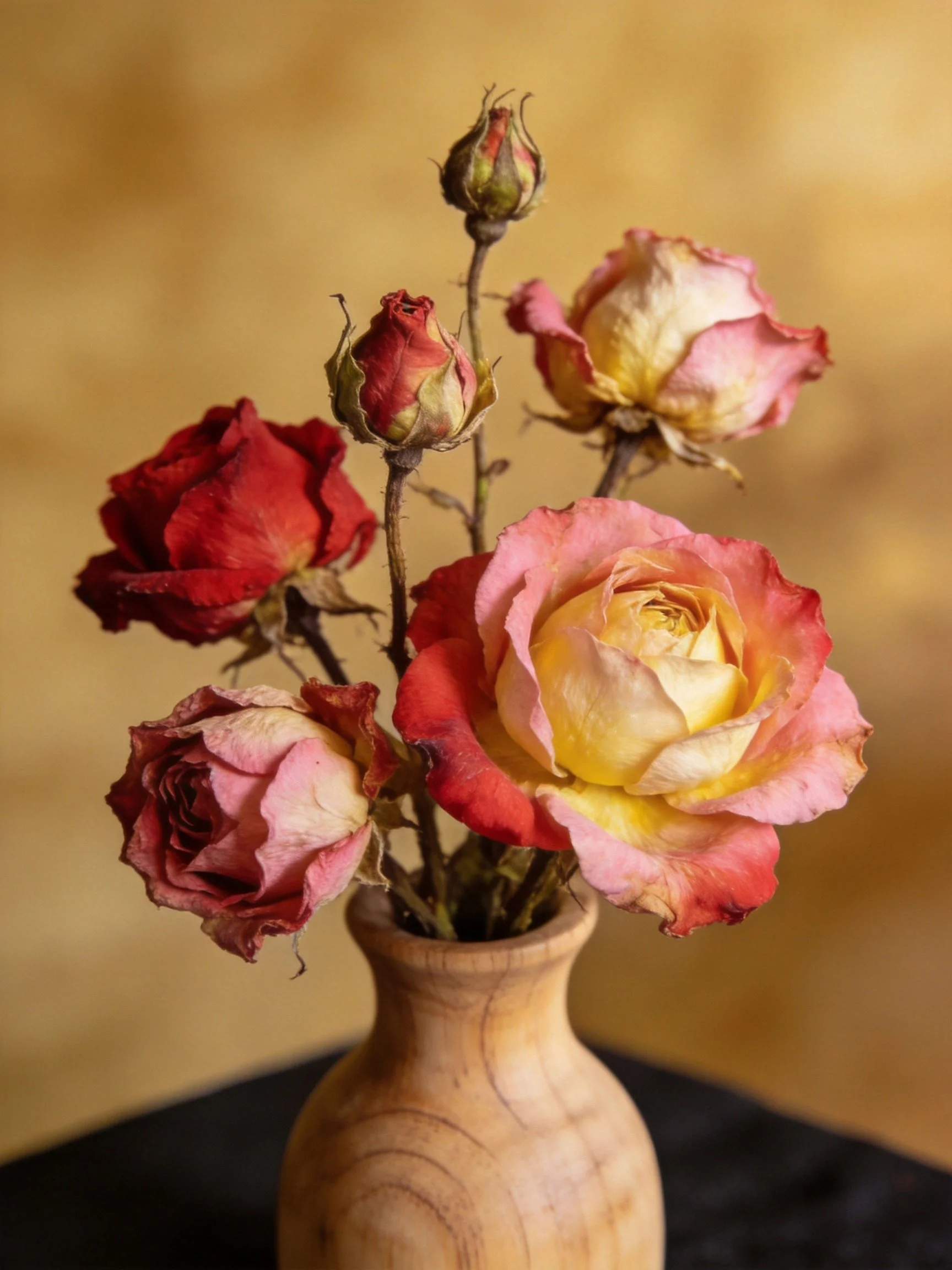 Dried multicolored roses arranged in a wooden vase