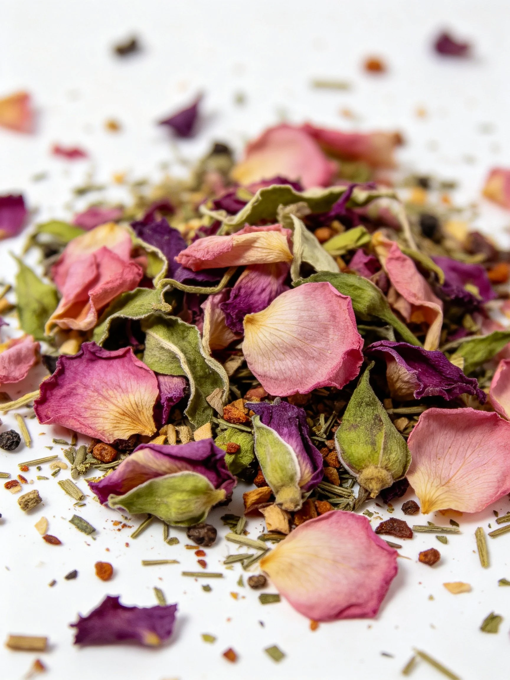 Dried rose petals and herbal mixtures in pink, purple, green