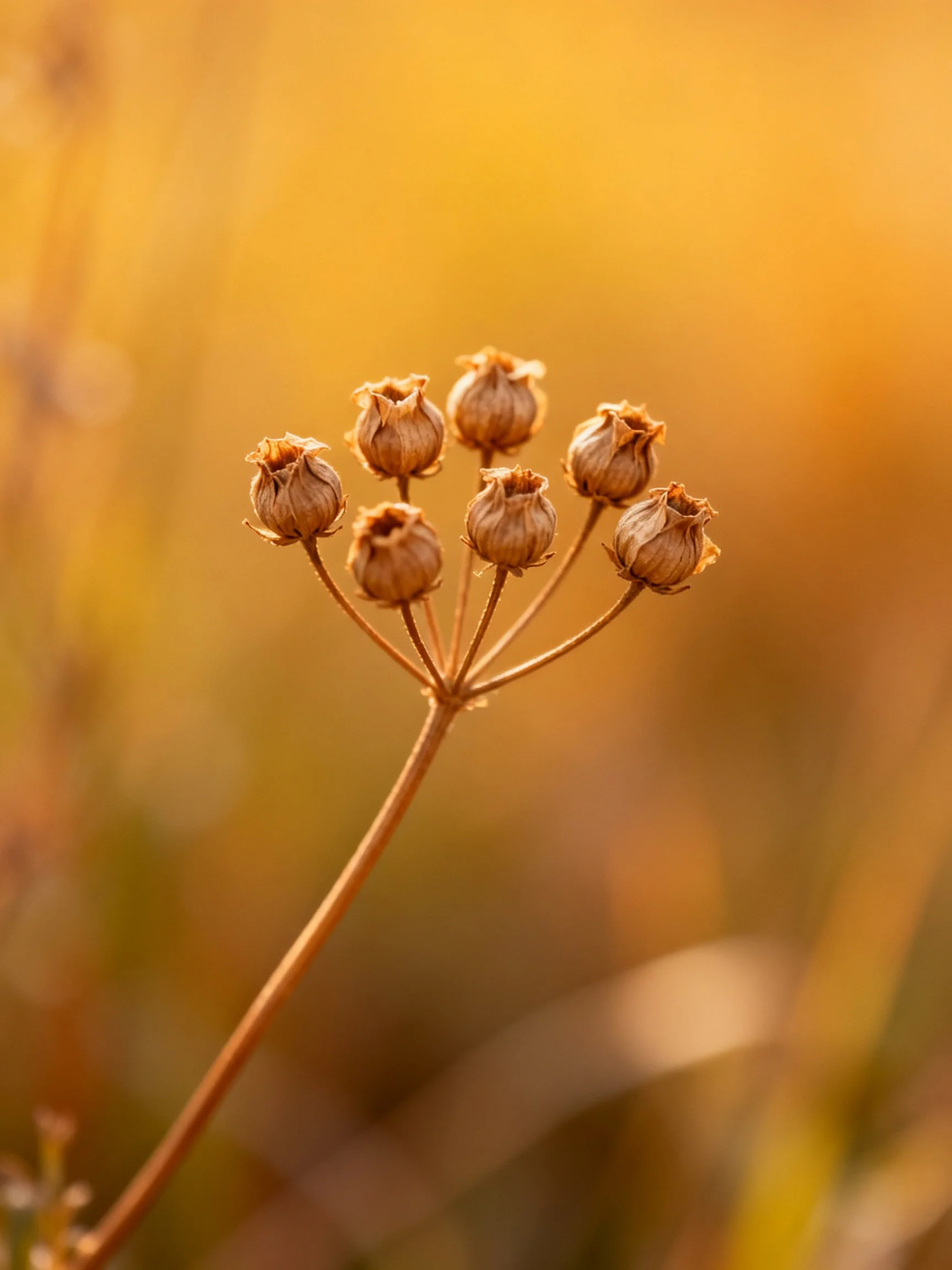 Eight dried brown flower buds clustered on a thin stem against warm golden backdrop