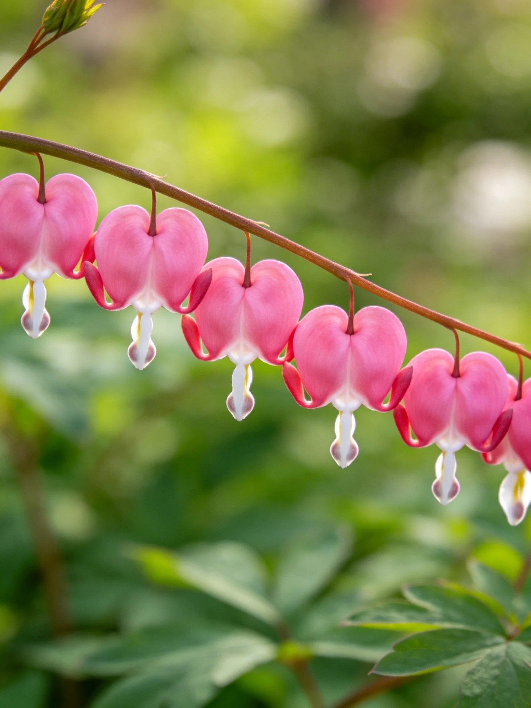 Eight pink bleeding heart flowers hang from a brown stem