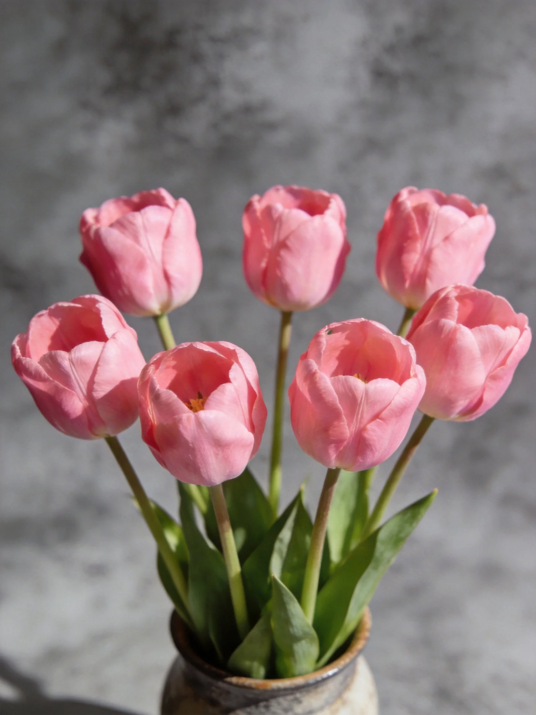 Eight pink tulips arranged in a ceramic vase