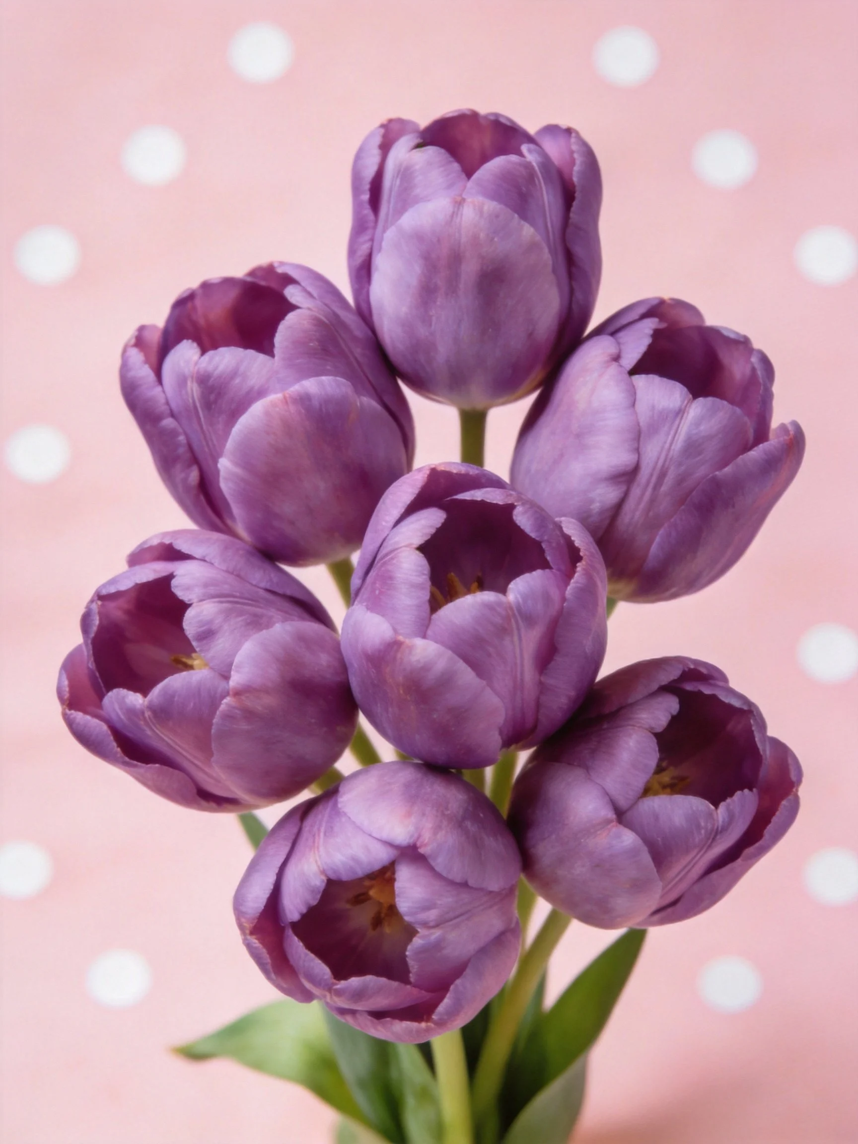 Eight purple tulip blooms arranged against a pink polka-dot backdrop