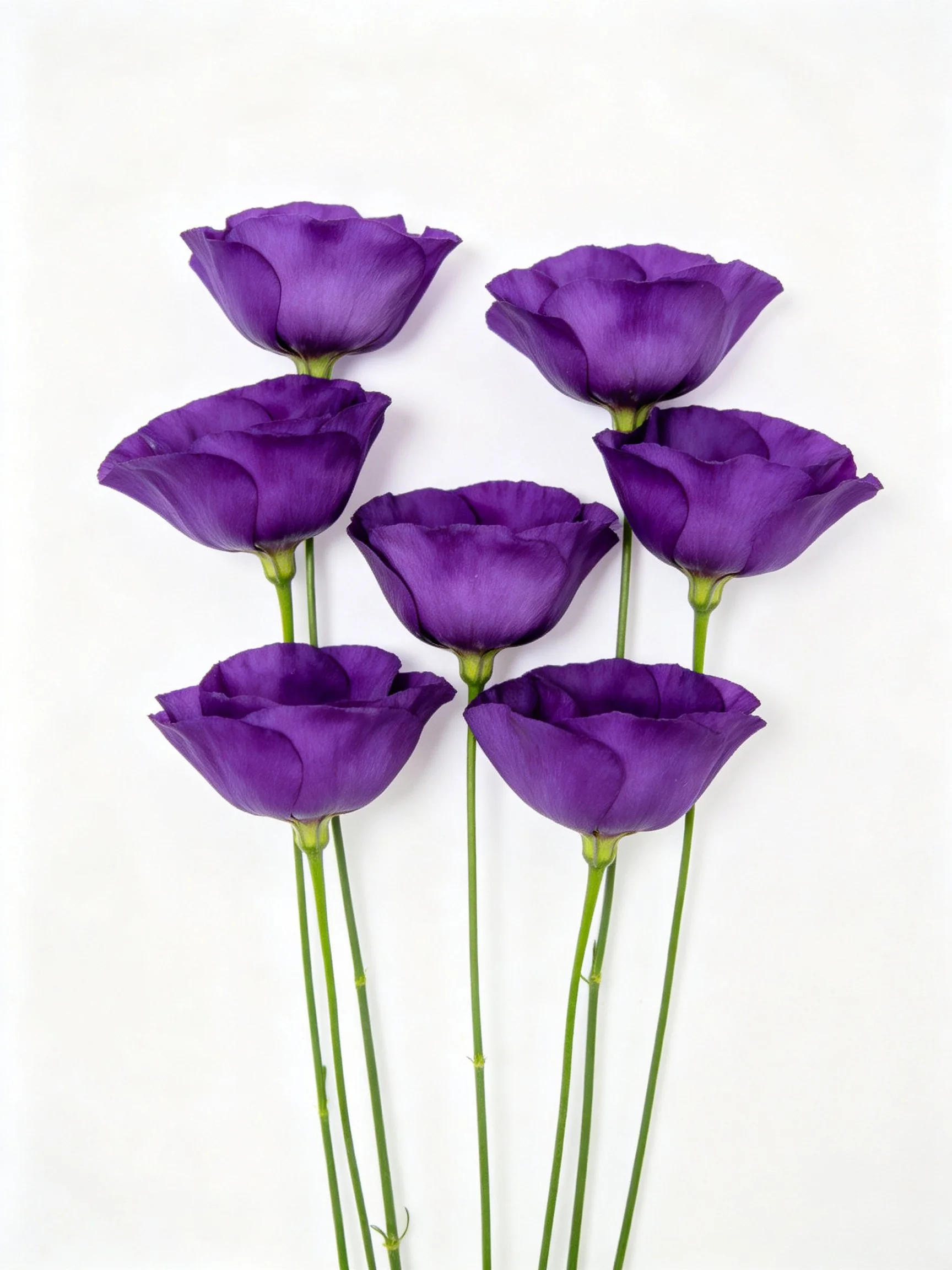 Eight vibrant purple flowers with slender green stems