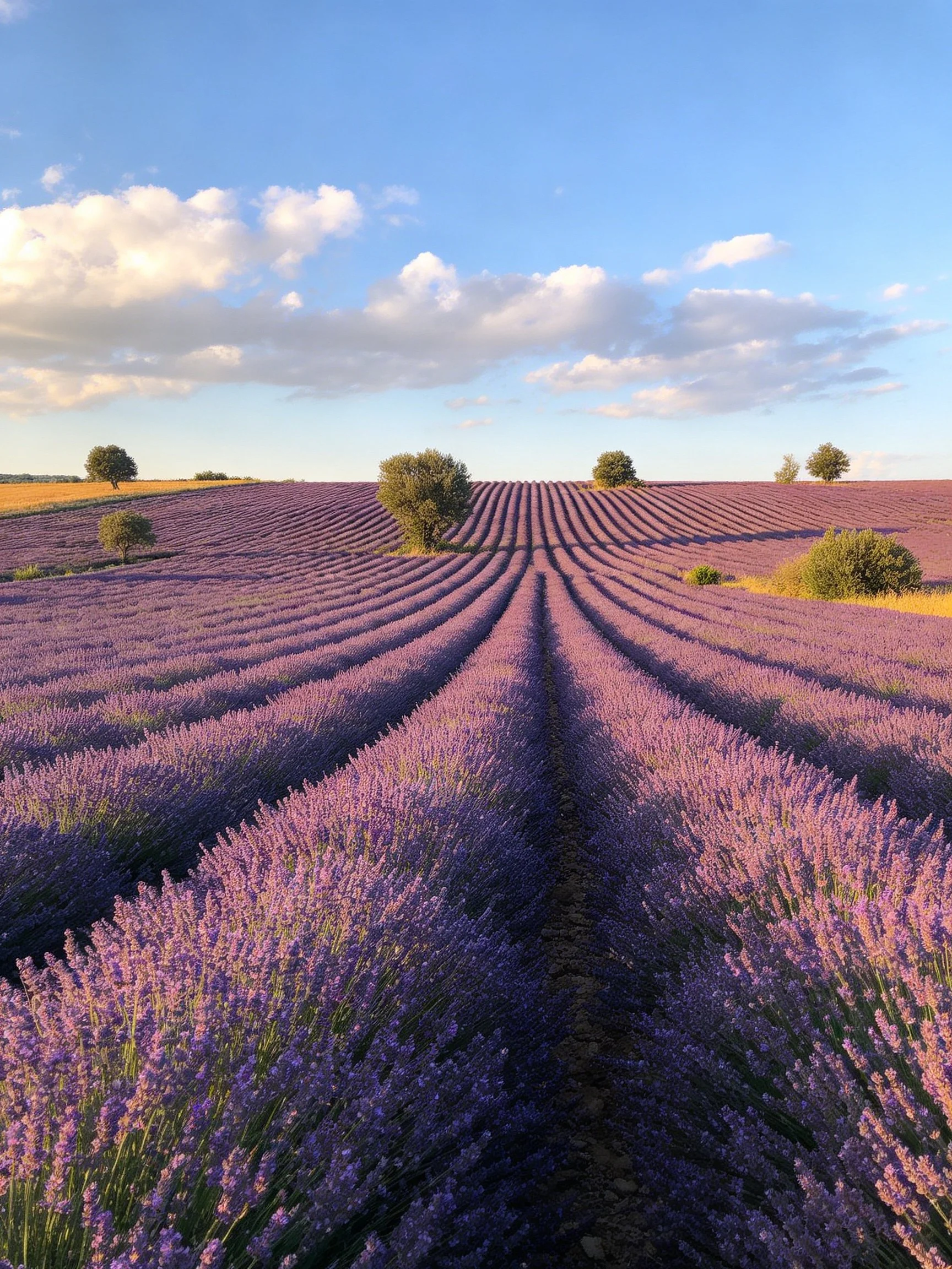 Extensive lavender fields with purple rows and scattered trees