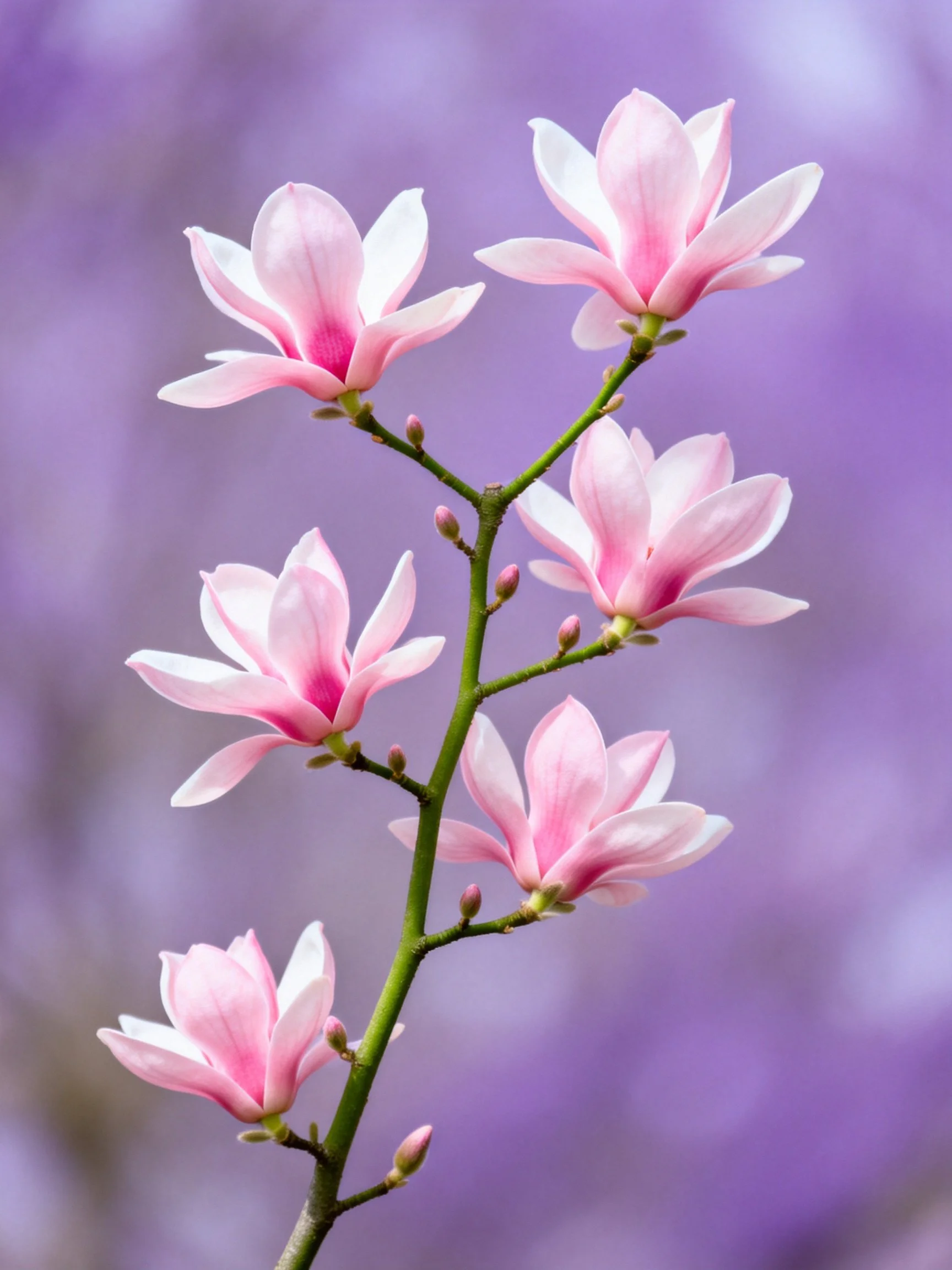 Five Pink Magnolia Flowers on a Green Stem with Purple Bokeh