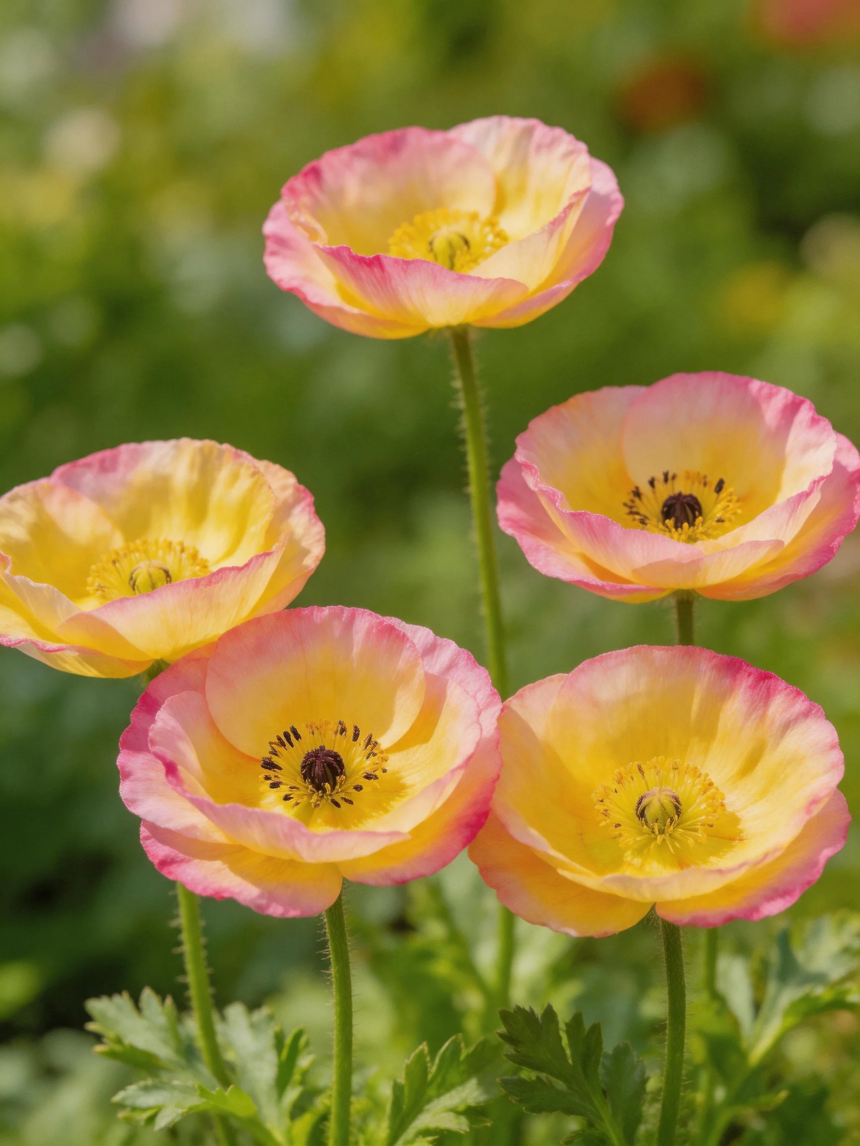 Five Pink-Yellow Poppies with Green Foliage