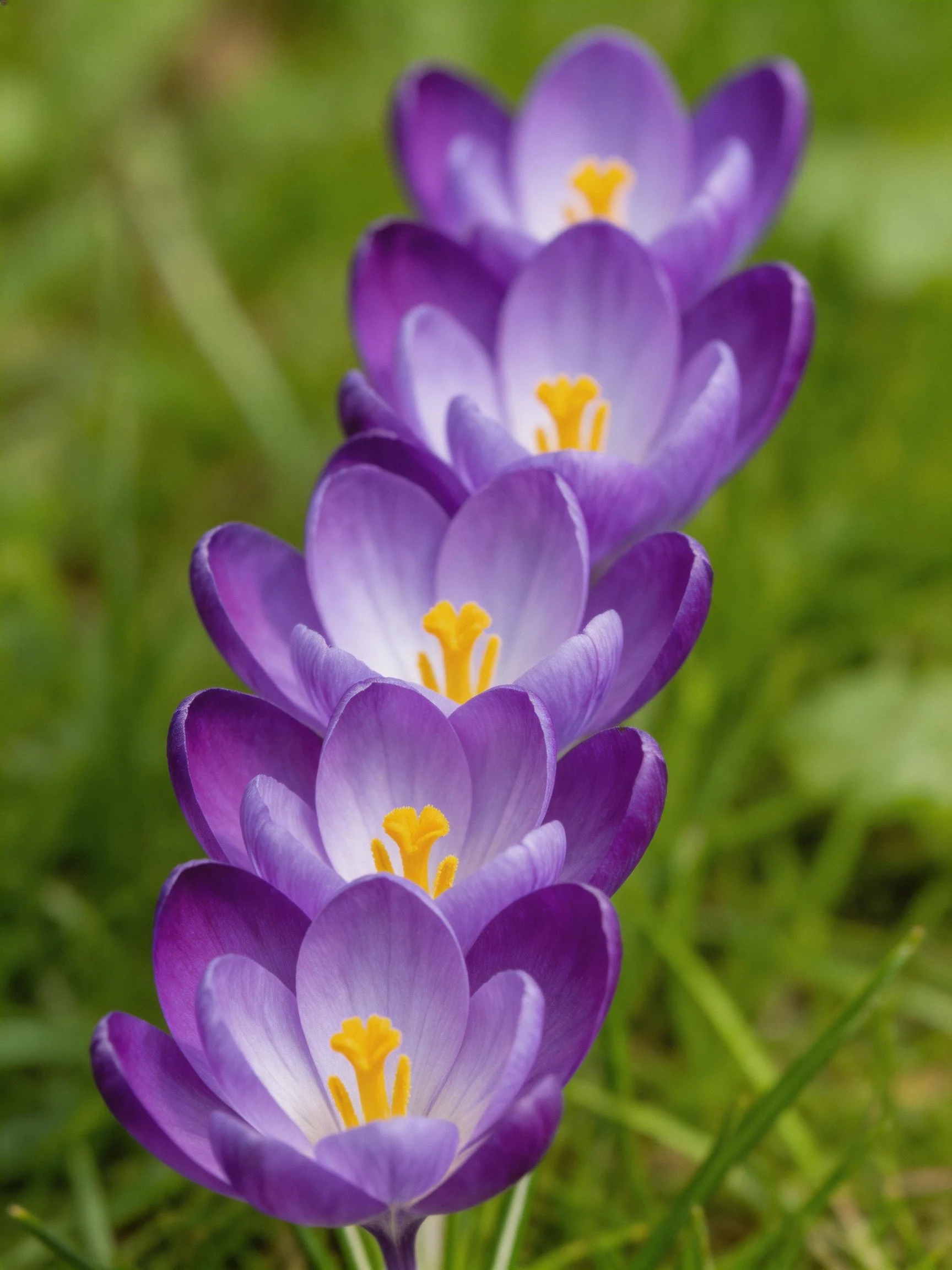 Five Purple Crocus Flowers with Yellow Stamens Arranged Vertically
