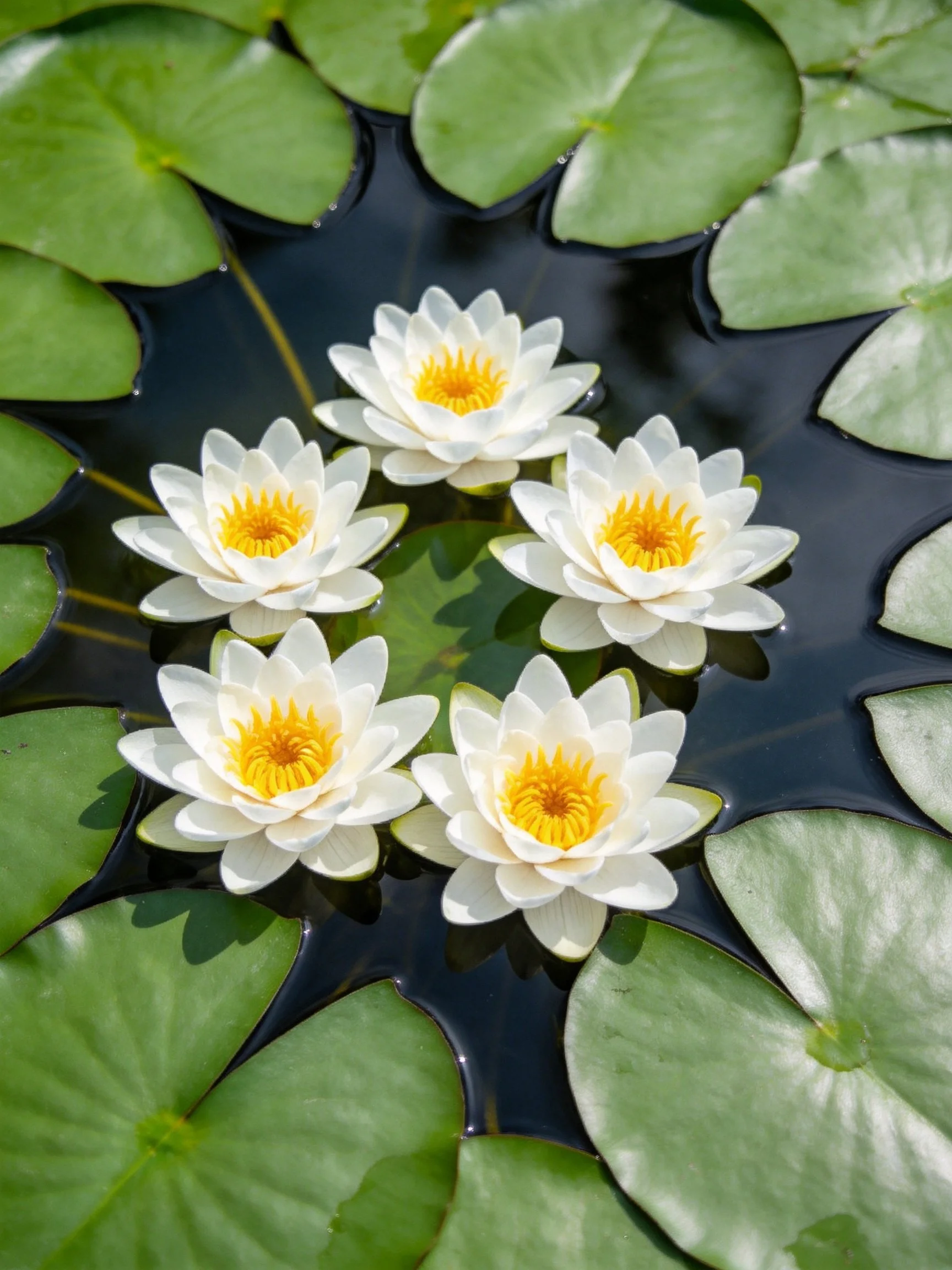 Five White Water Lilies with Yellow Centers Among Green Lily Pads