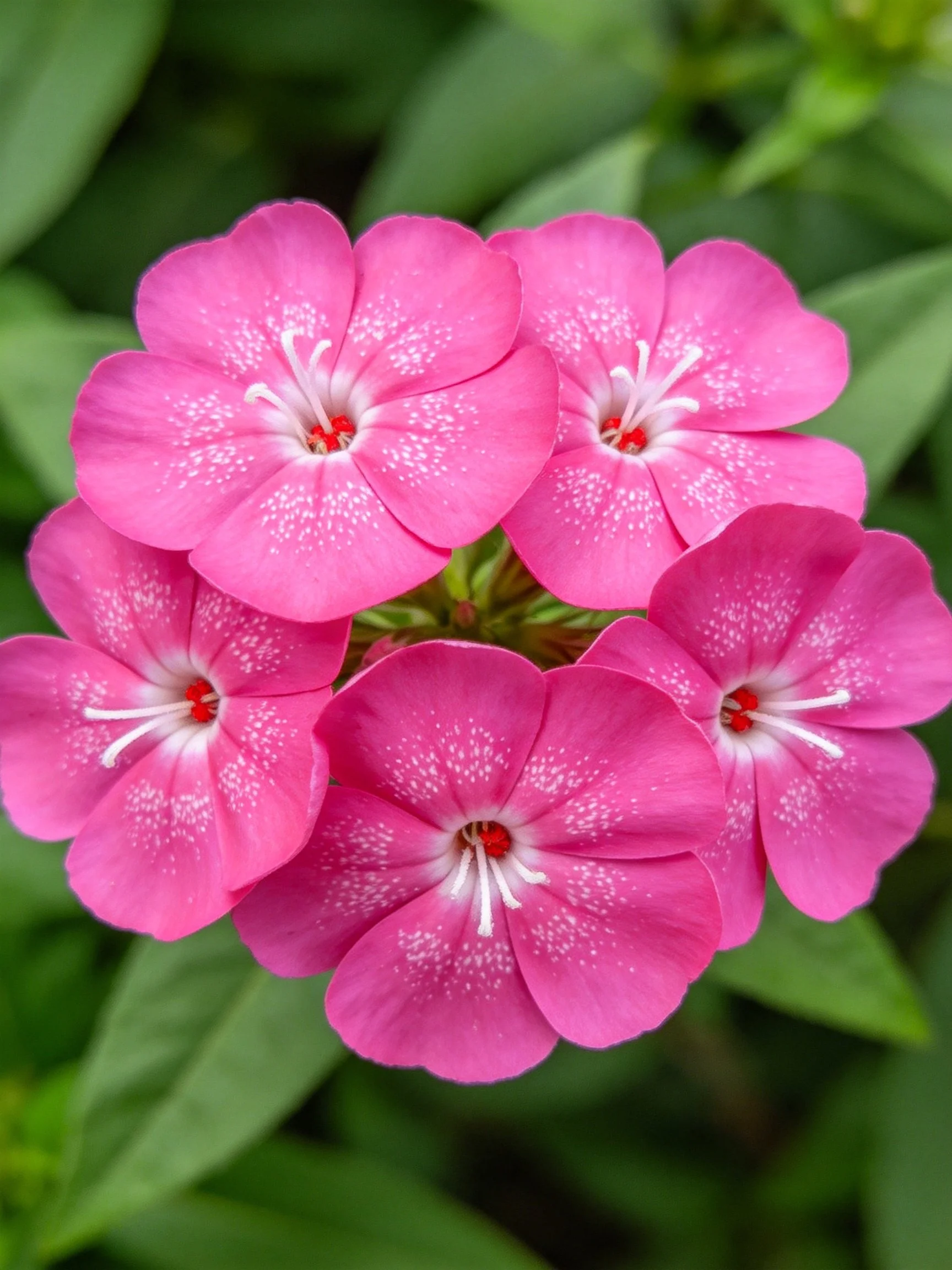 Five bright pink flowers with white speckles among green leaves