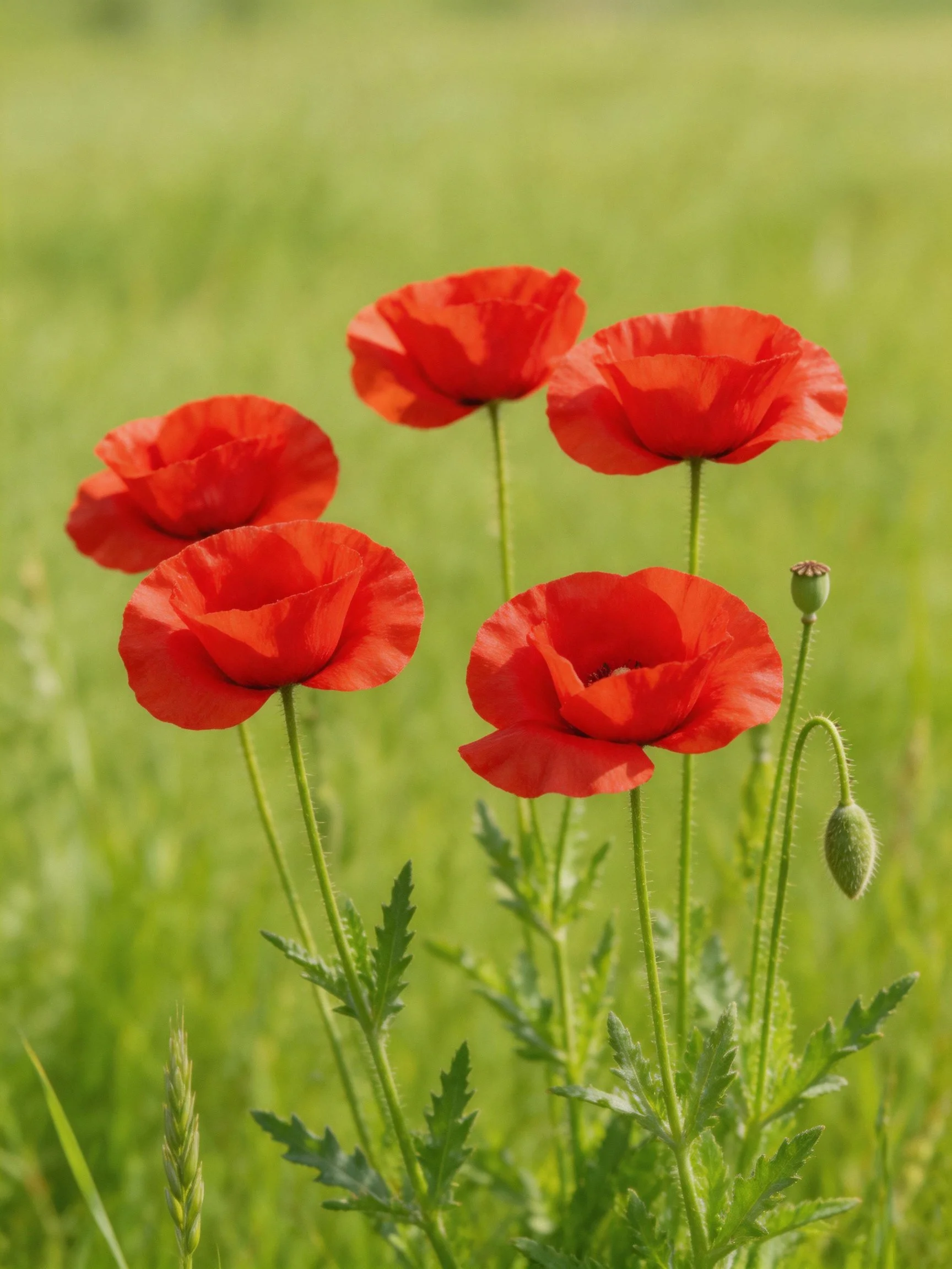 Five bright red poppies among green foliage