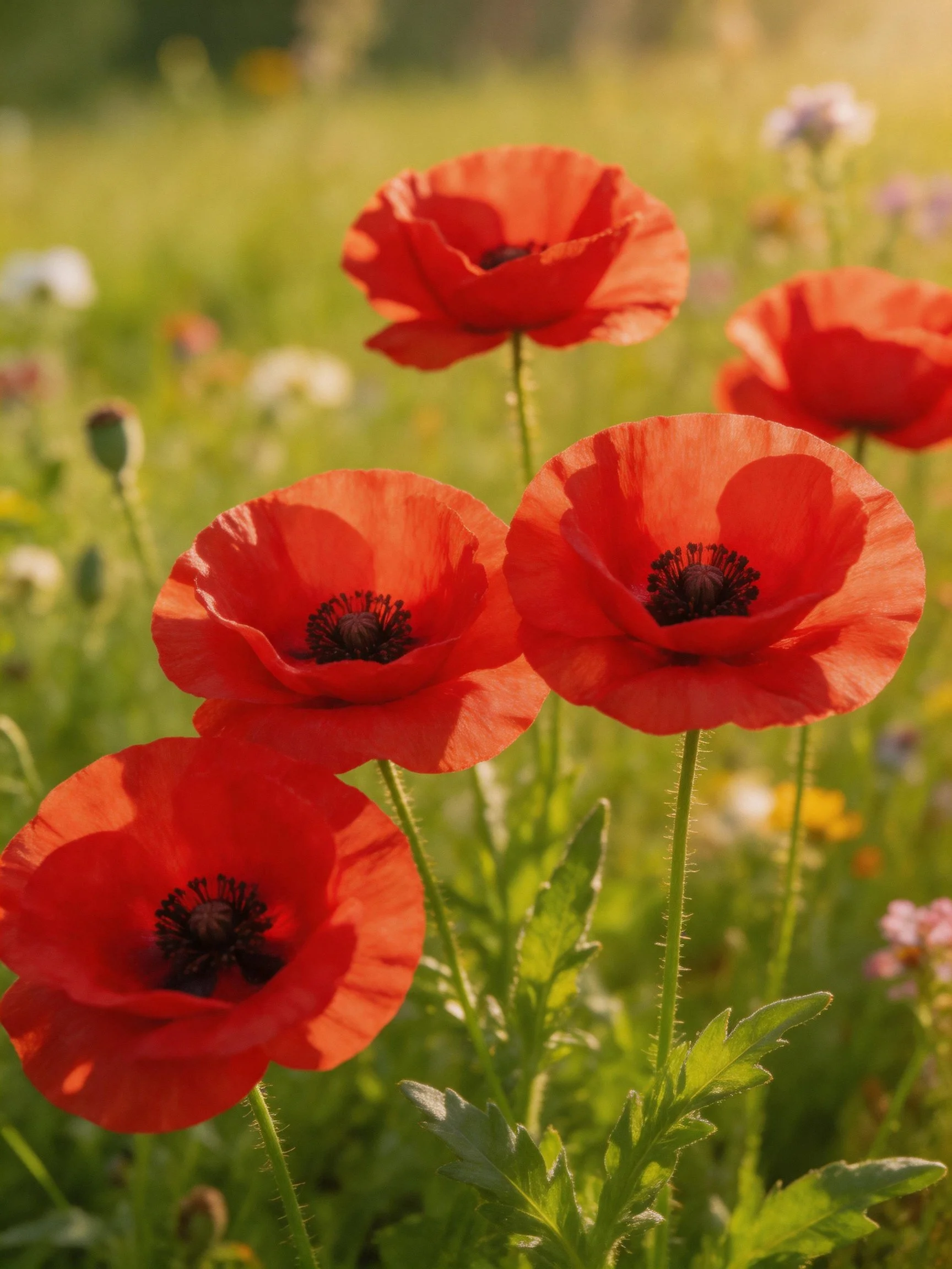 Five bright red poppies bloom in a sunlit meadow