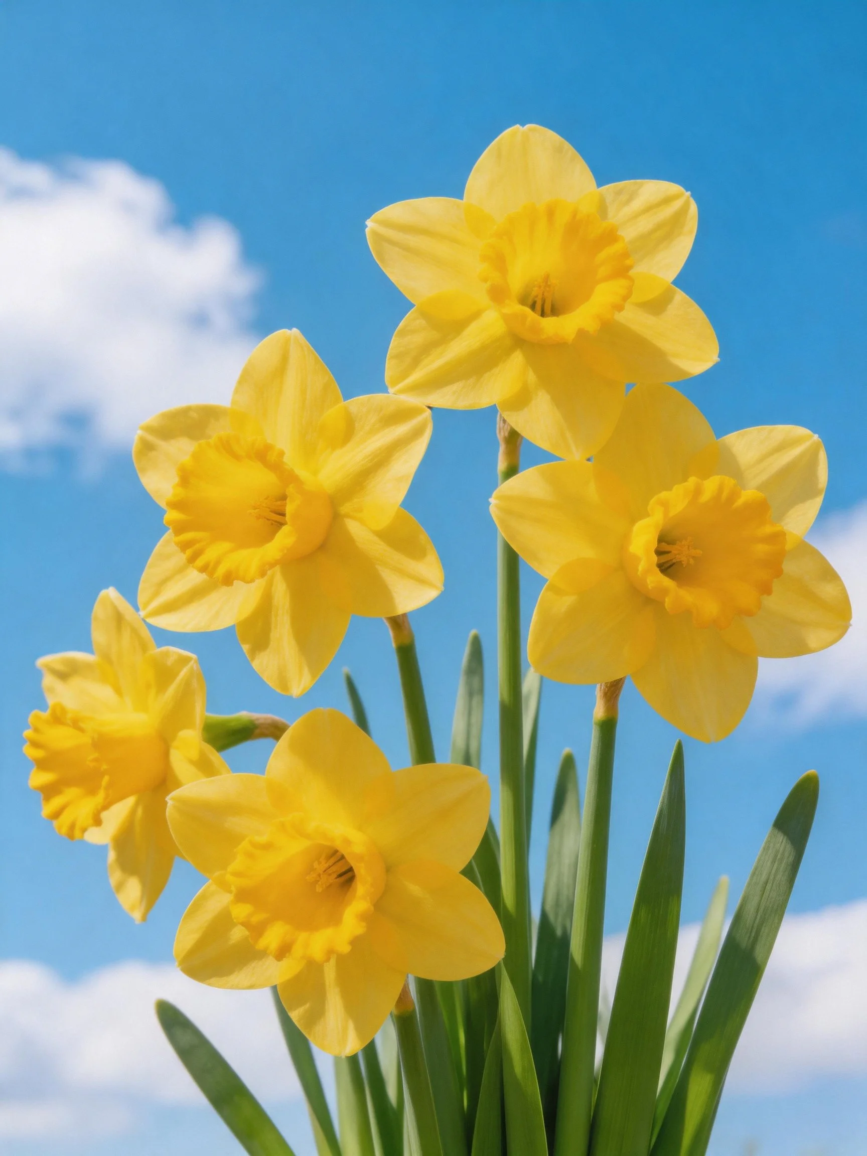 Five bright yellow daffodils bloom against a clear blue sky