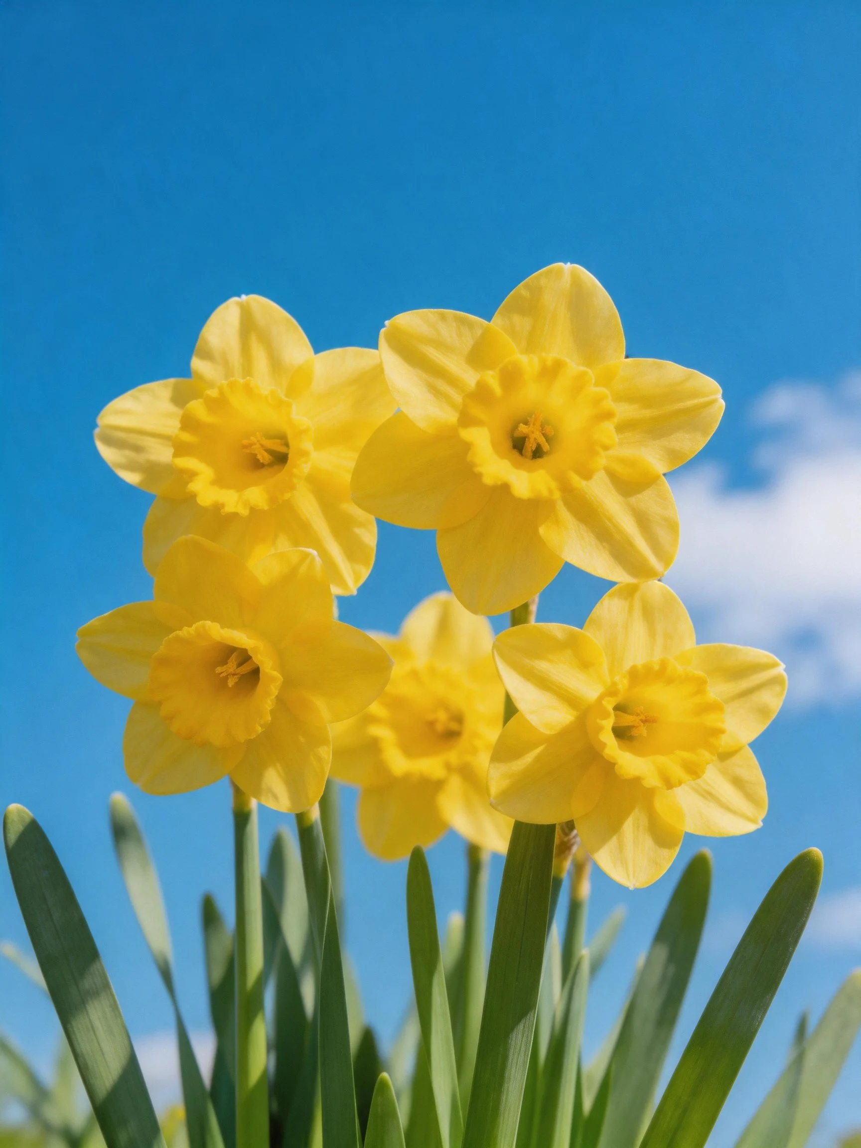 Five bright yellow daffodils bloom against a clear blue sky