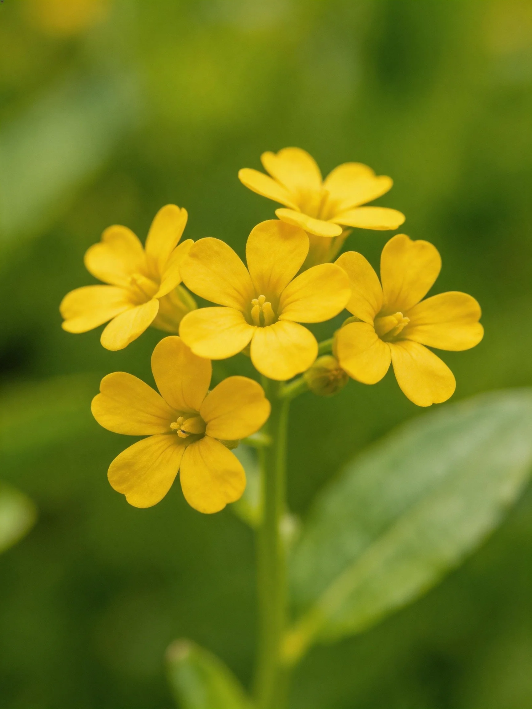 Five bright yellow flowers clustered on a green stem with blurred foliage