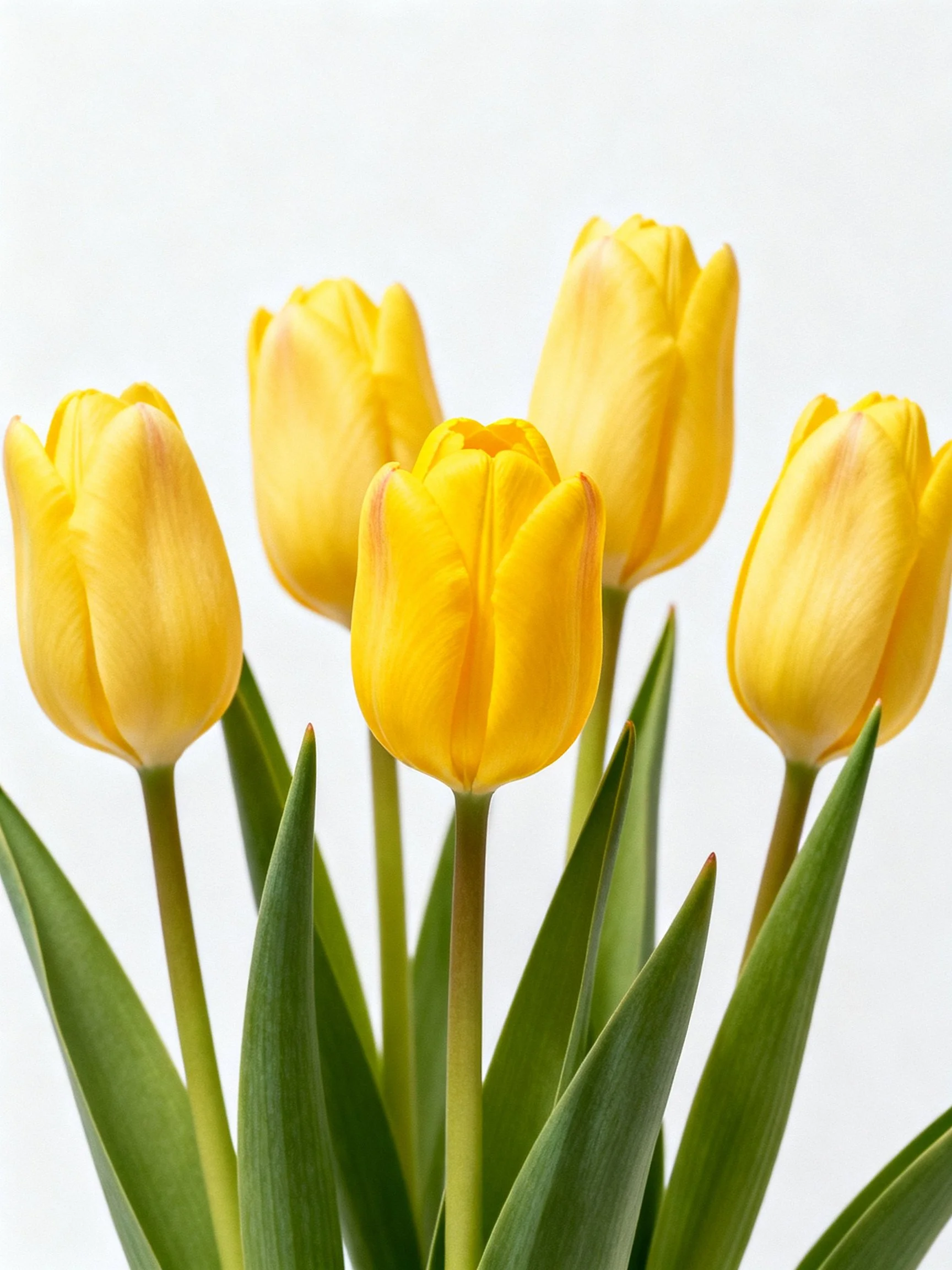 Five bright yellow tulips with green foliage against white backdrop