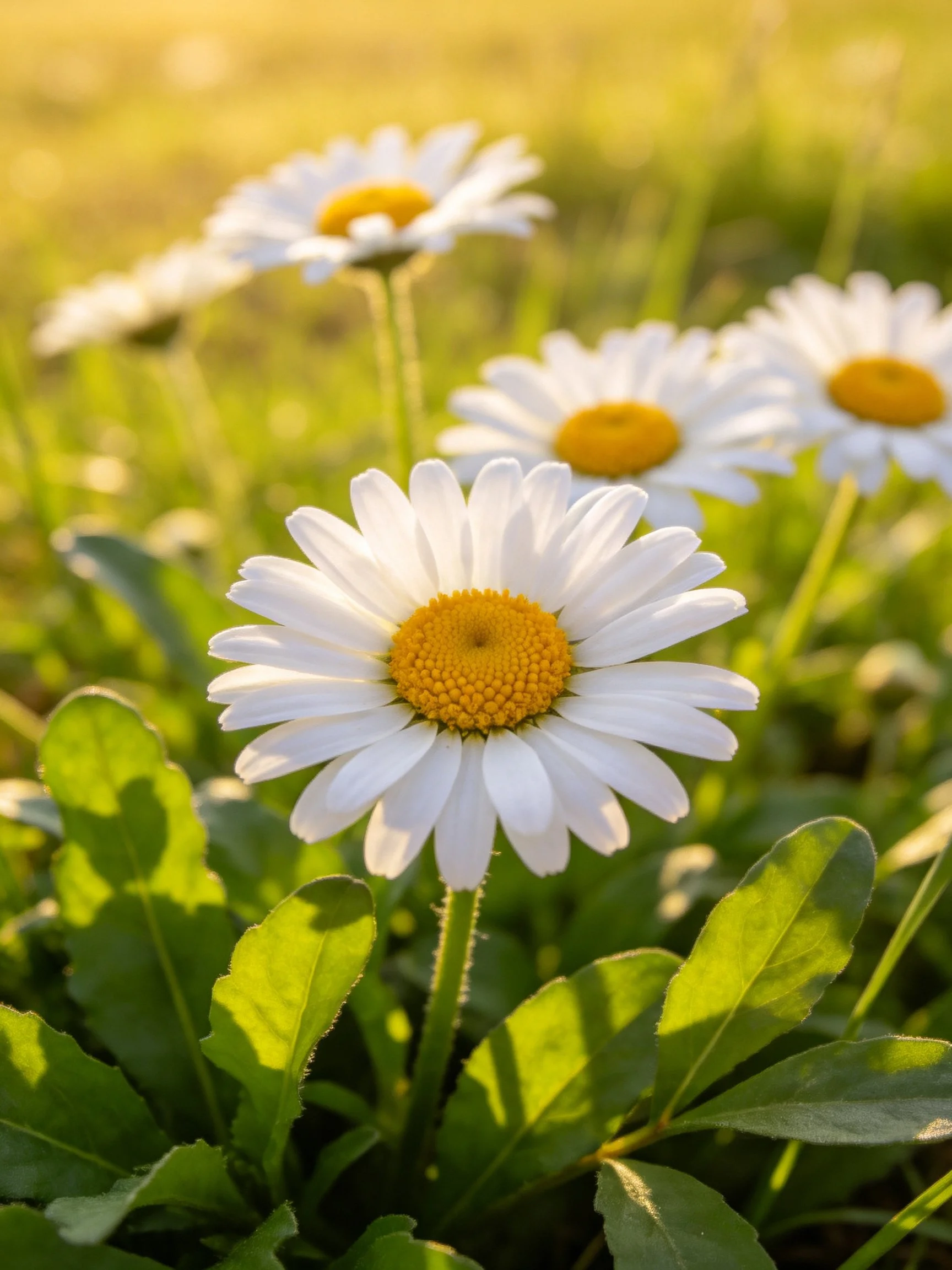 Five daisies with white petals and golden centers in a sunlit meadow