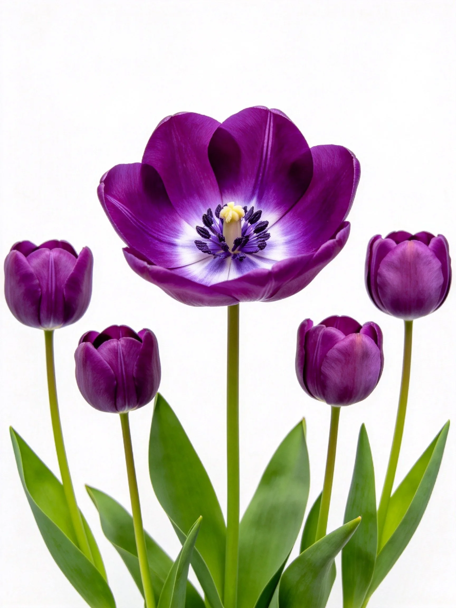 Five deep purple tulips, one fully bloomed with white center