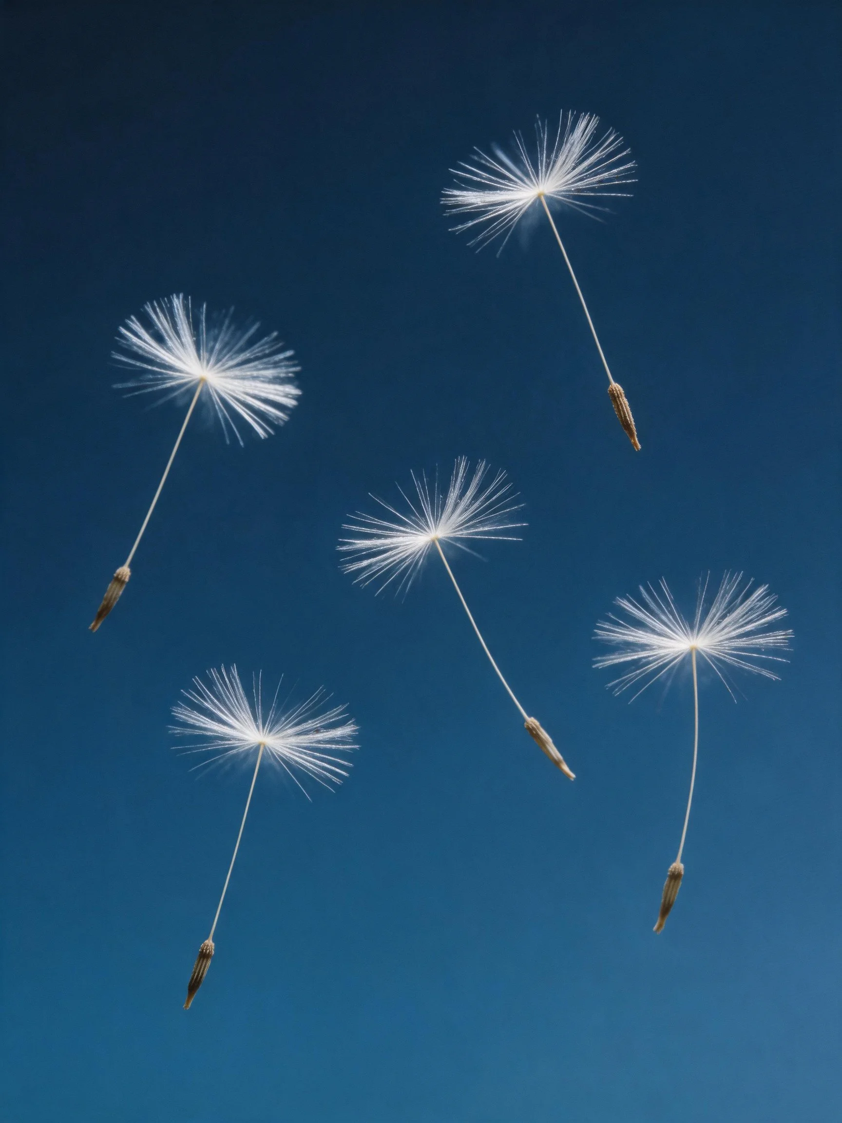 Five delicate dandelion seeds float against a deep blue sky