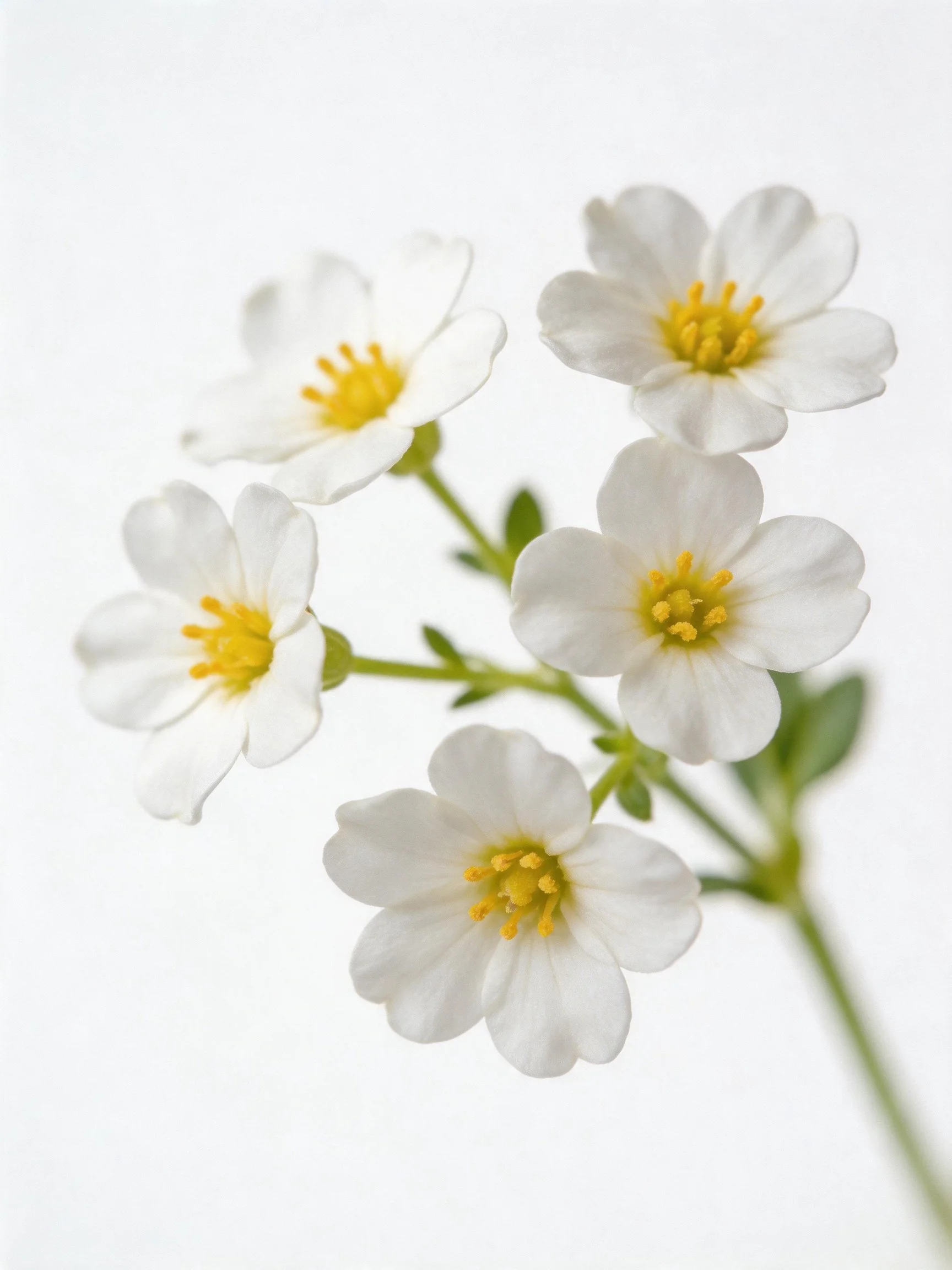 Five delicate white flowers with bright yellow centers