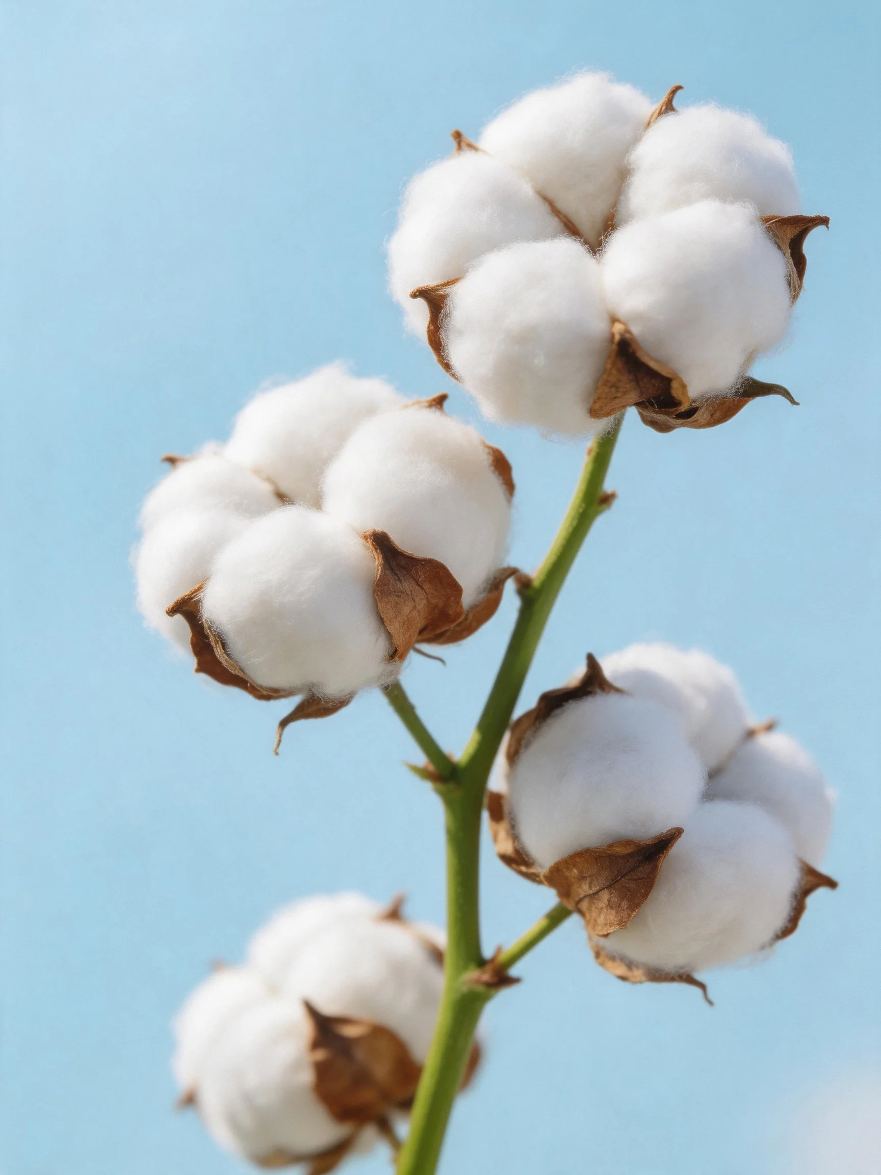 Five fluffy cotton bolls with brown casings on a green stem