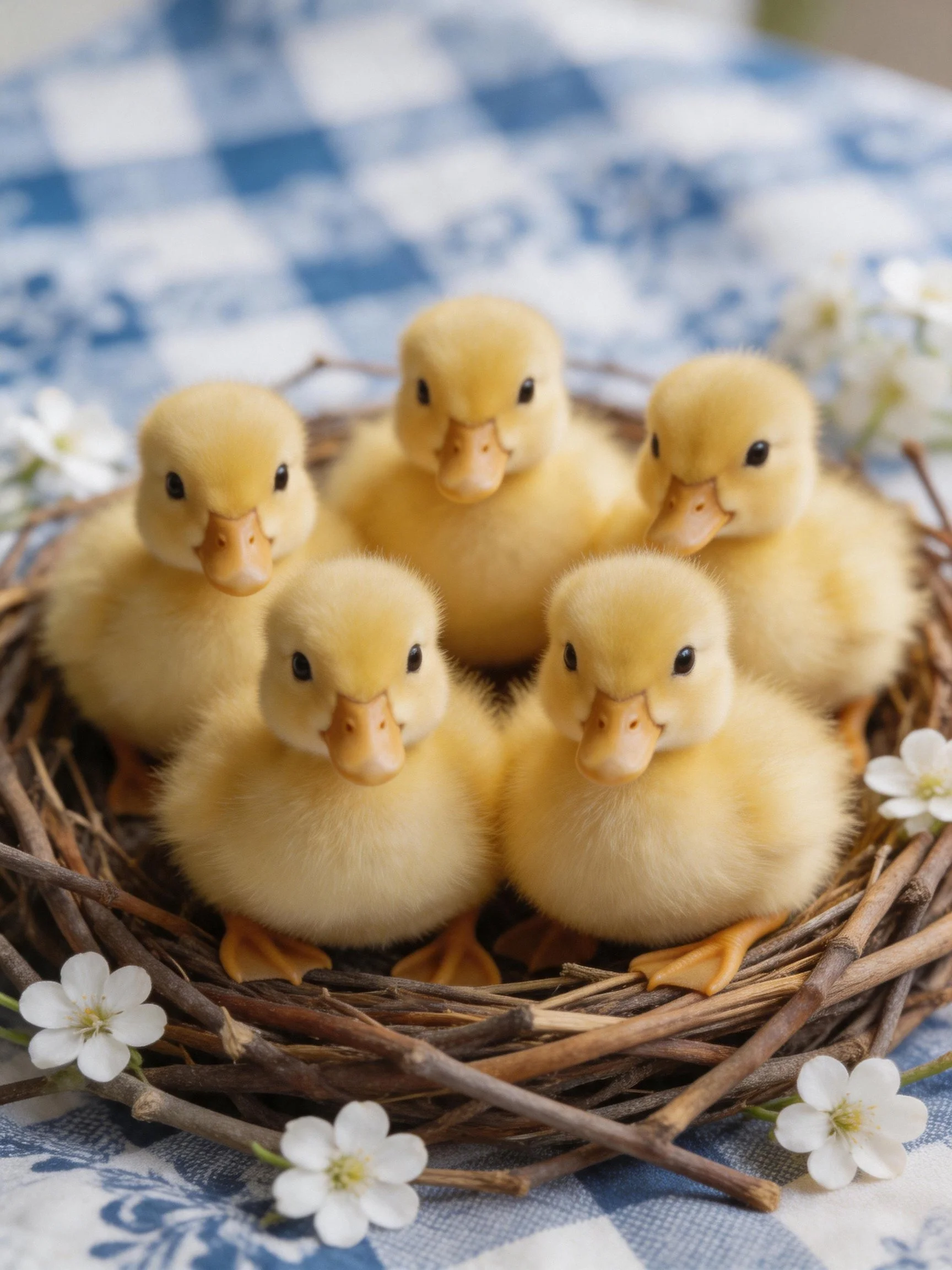 Five fluffy yellow ducklings in a twig nest with white flowers
