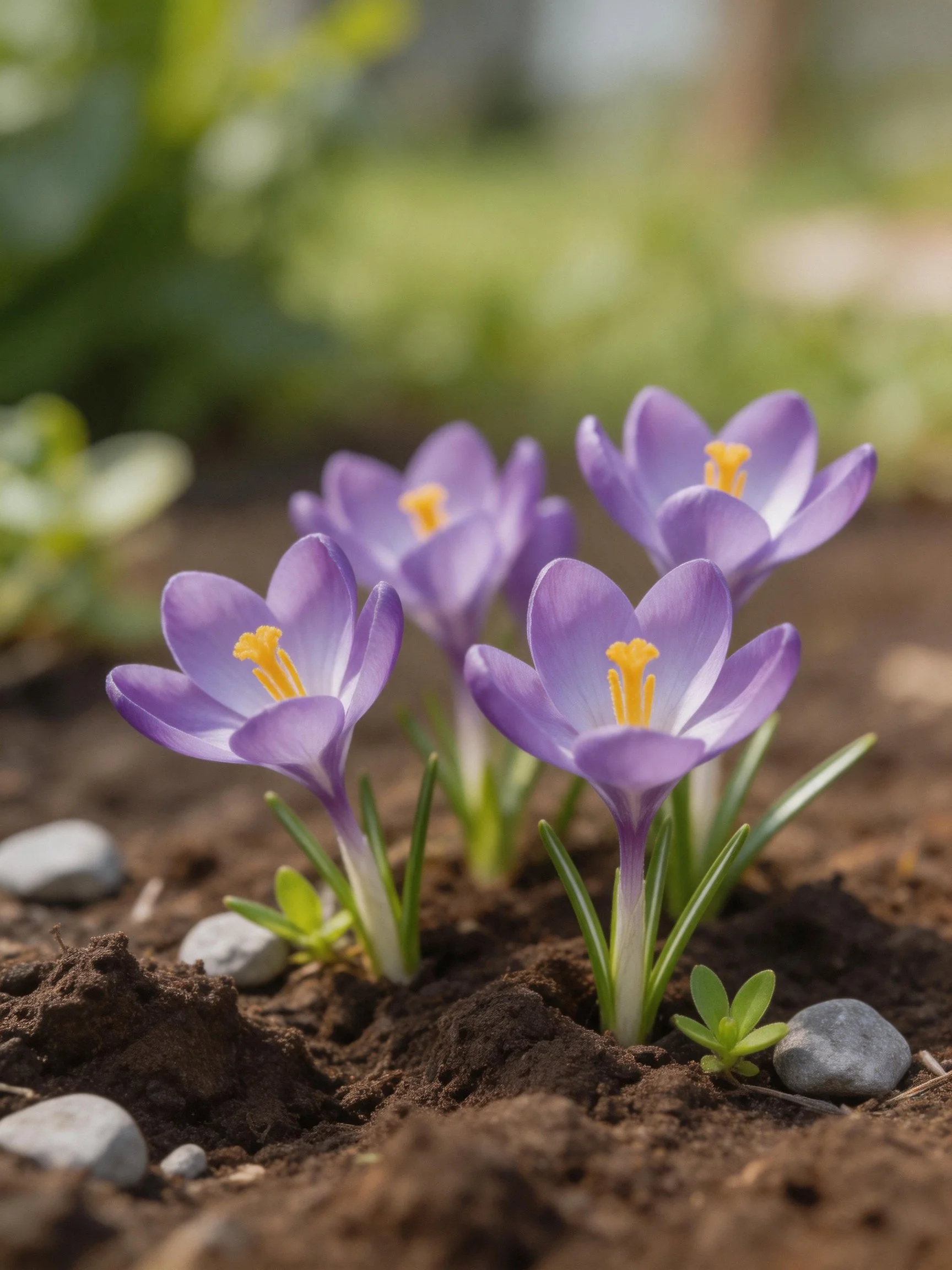 Five lavender crocus blooms grow in dark soil with small pebbles