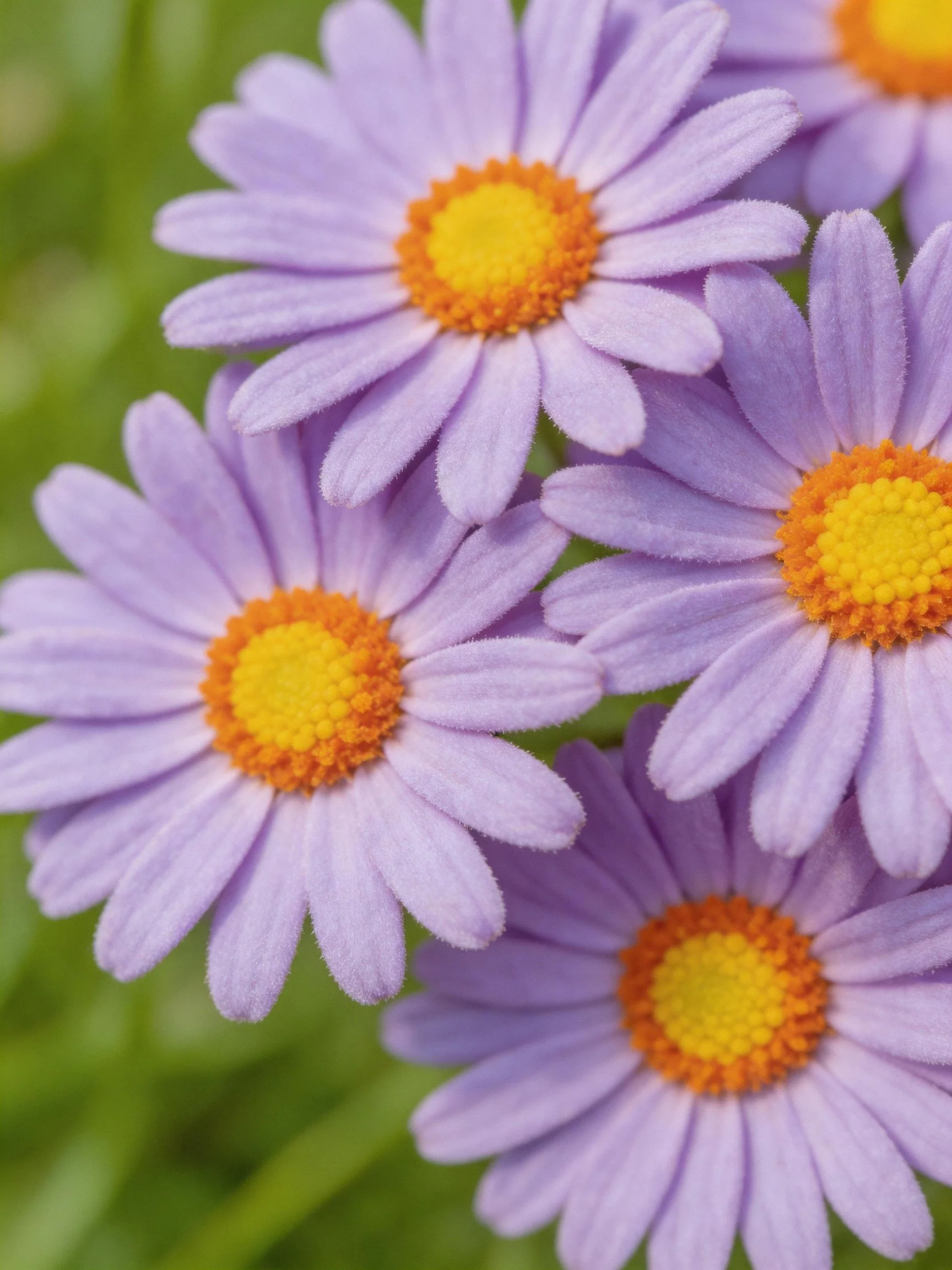 Five lavender daisies with orange-yellow centers against green blur