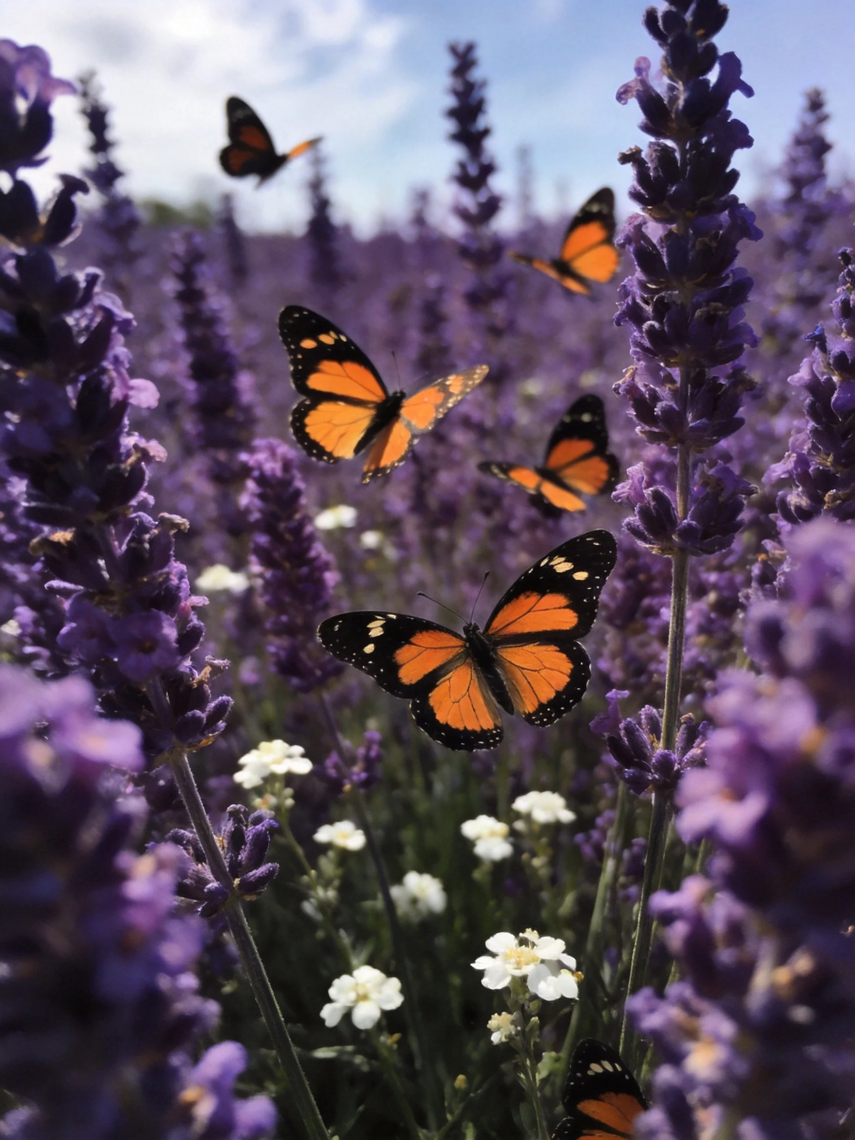 Five monarch - like butterflies flutter amid tall purple lavender stalks