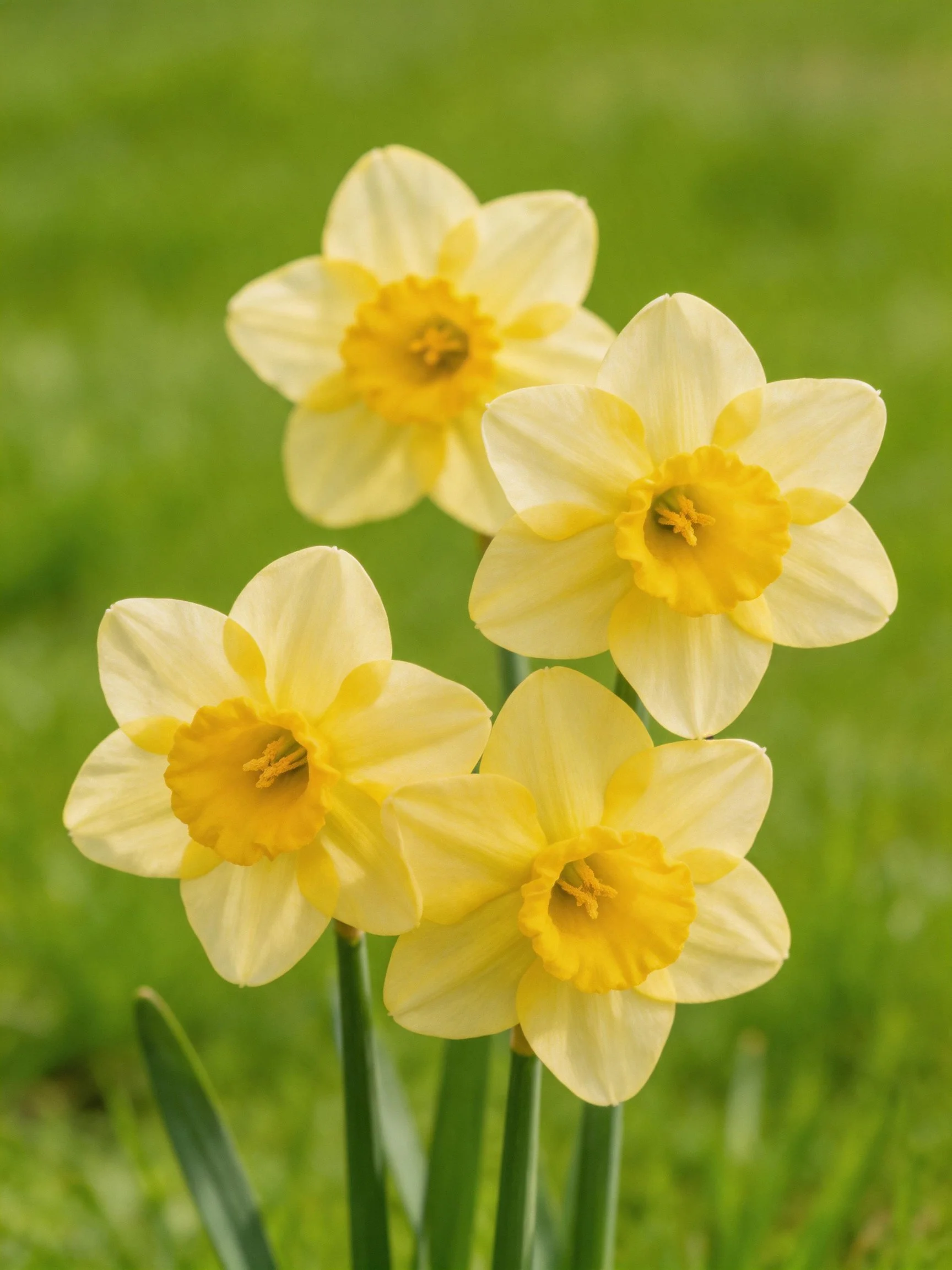 Five pale yellow daffodils bloom amid lush green foliage
