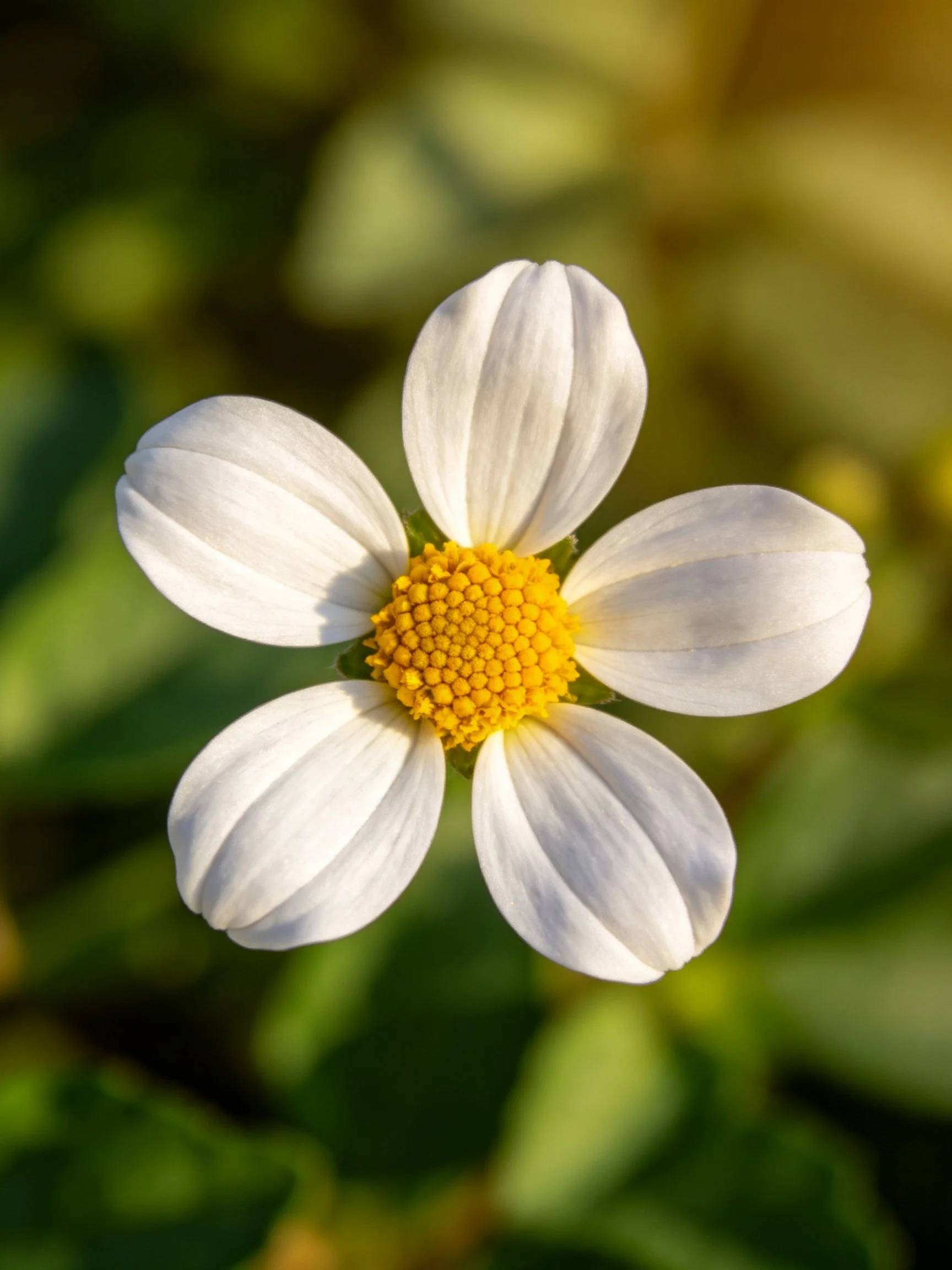 Five-petaled white flower with vibrant yellow center