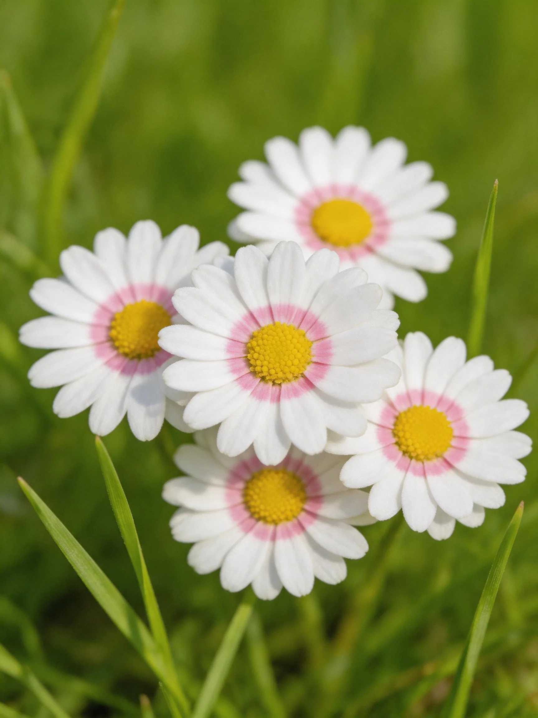 Five pink-centered white daisies in lush green grass