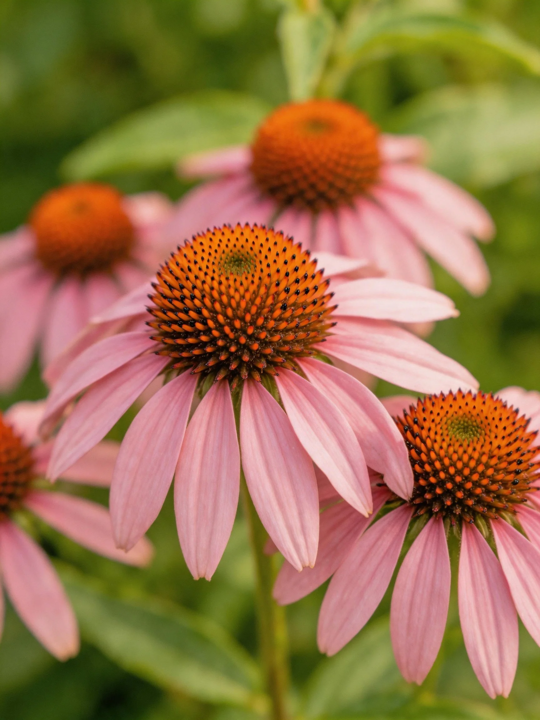 Five pink coneflowers with orange centers in a lush garden