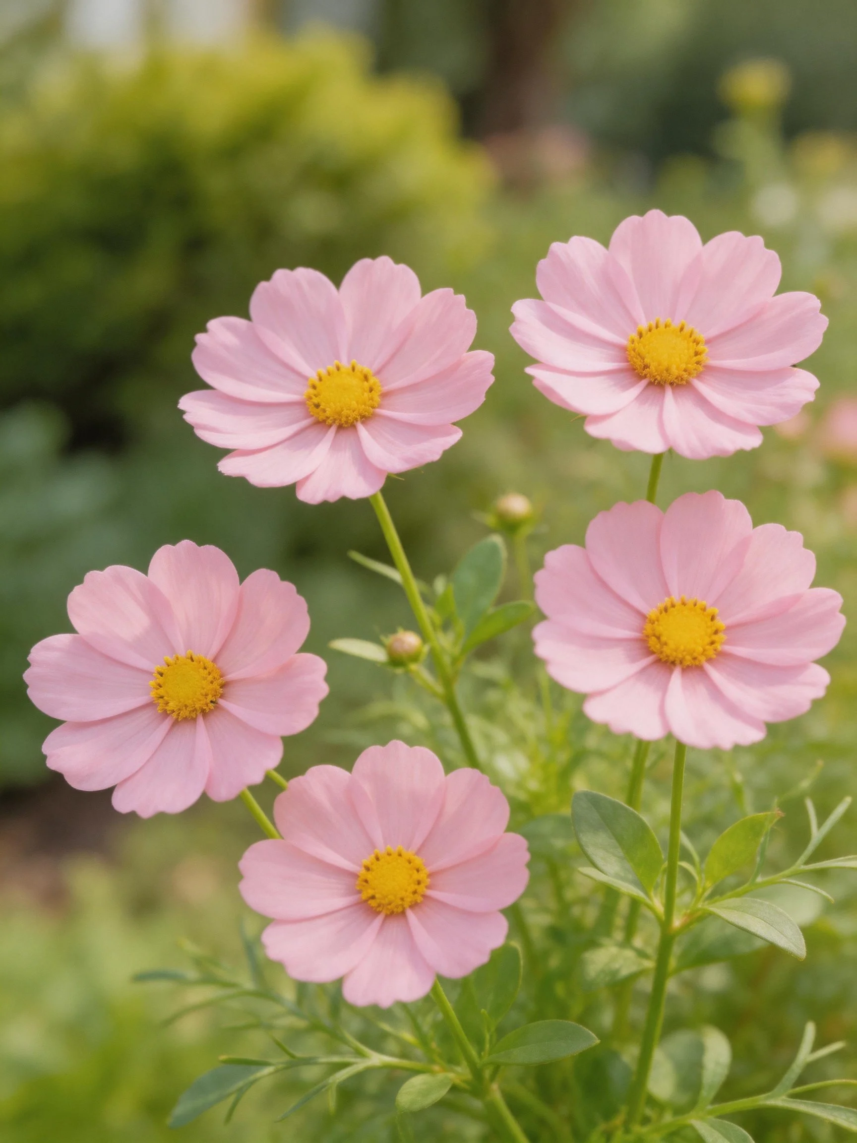 Five pink cosmos flowers with yellow centers amid greenery
