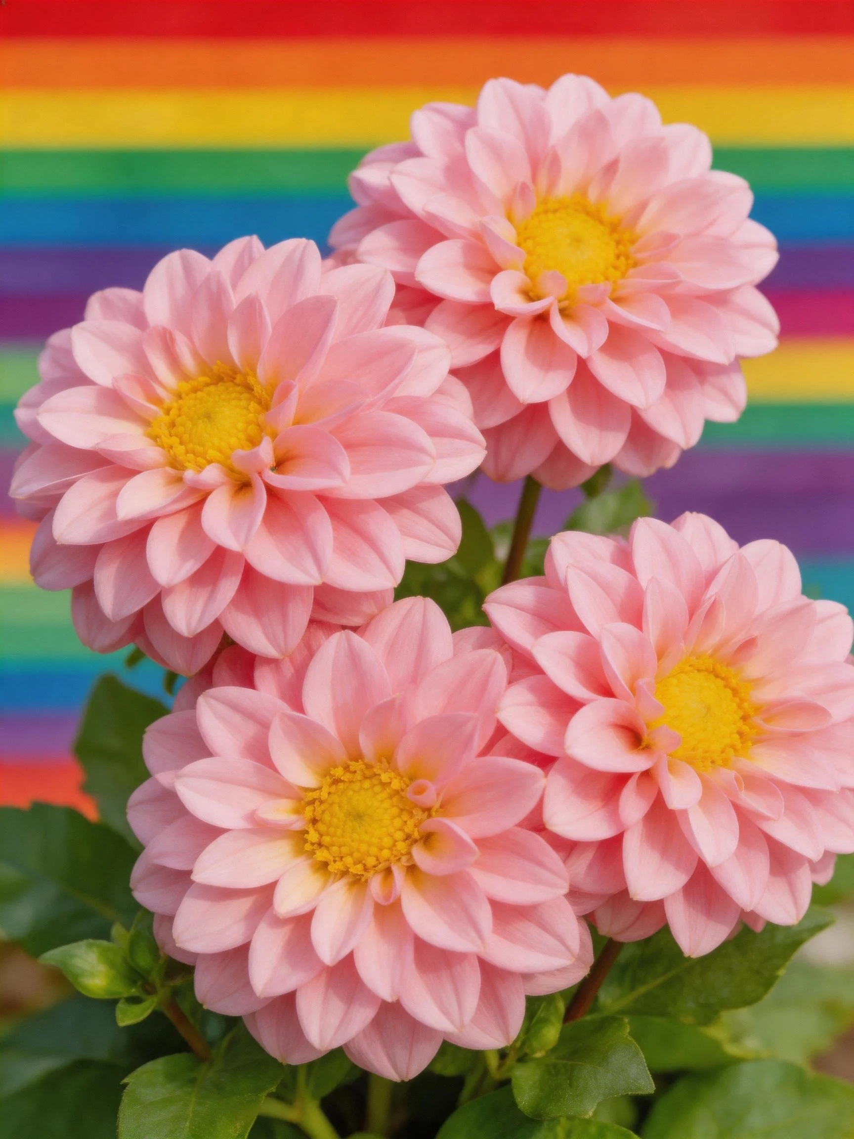 Five pink dahlia blooms with yellow centers against a rainbow-striped background