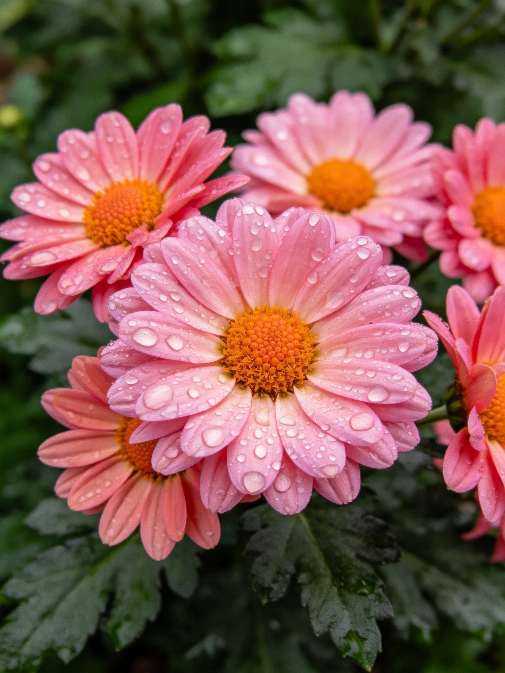 Five pink daisy blooms with water droplets, vibrant orange centers
