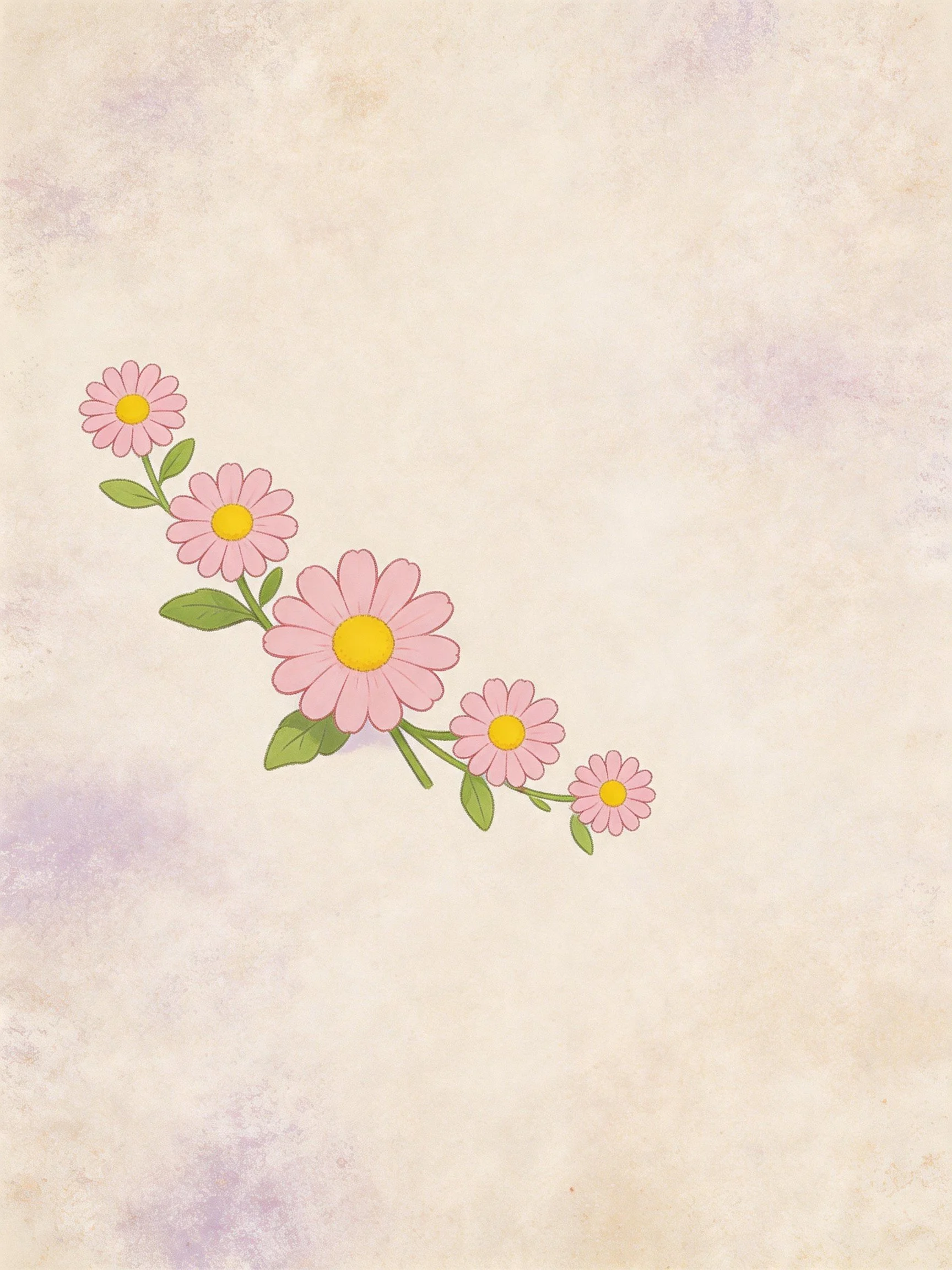Five pink daisy flowers with yellow centers and green leaves on a textured off-white background