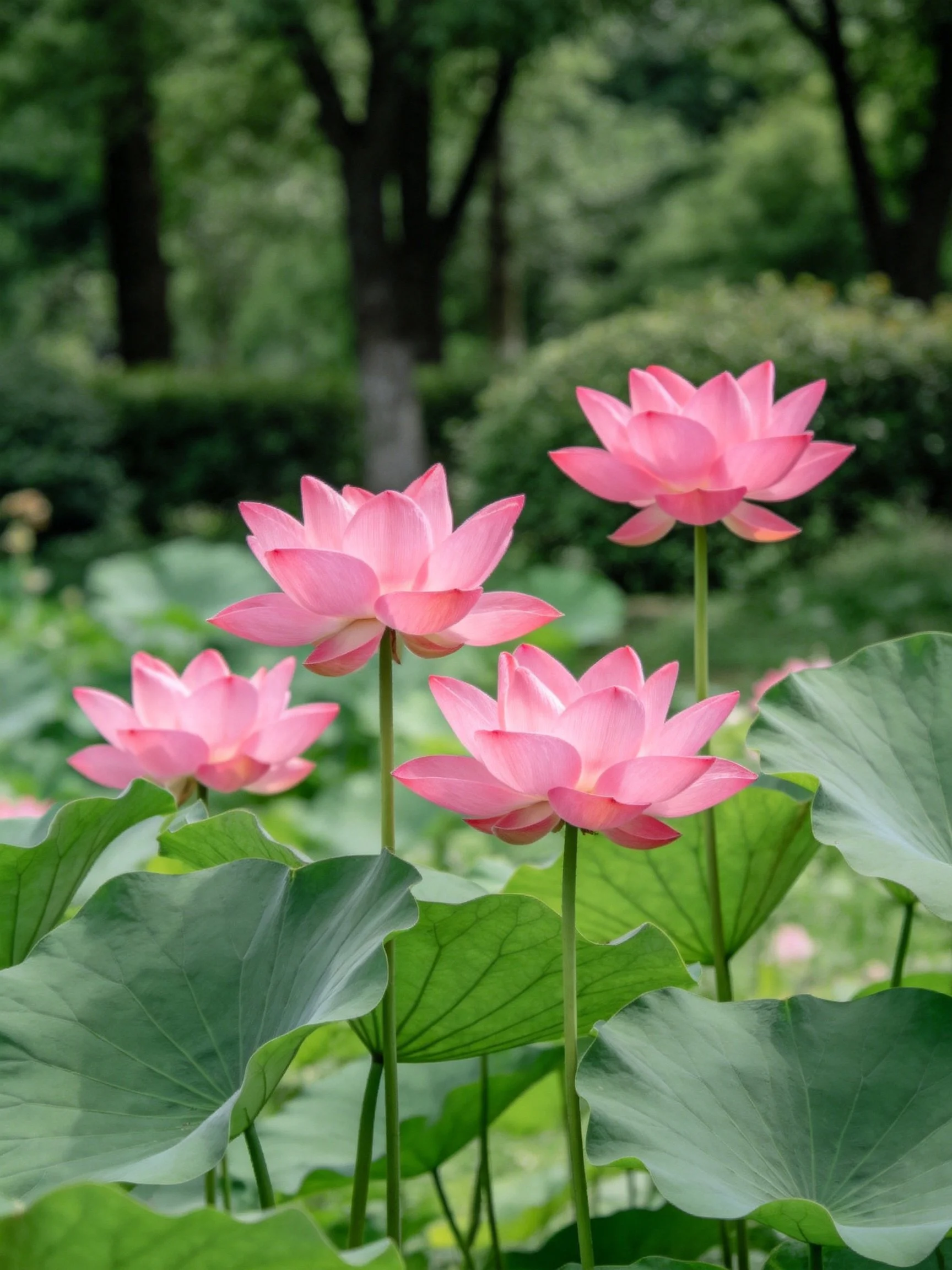 Five pink lotus blooms amid broad green leaves in a verdant garden