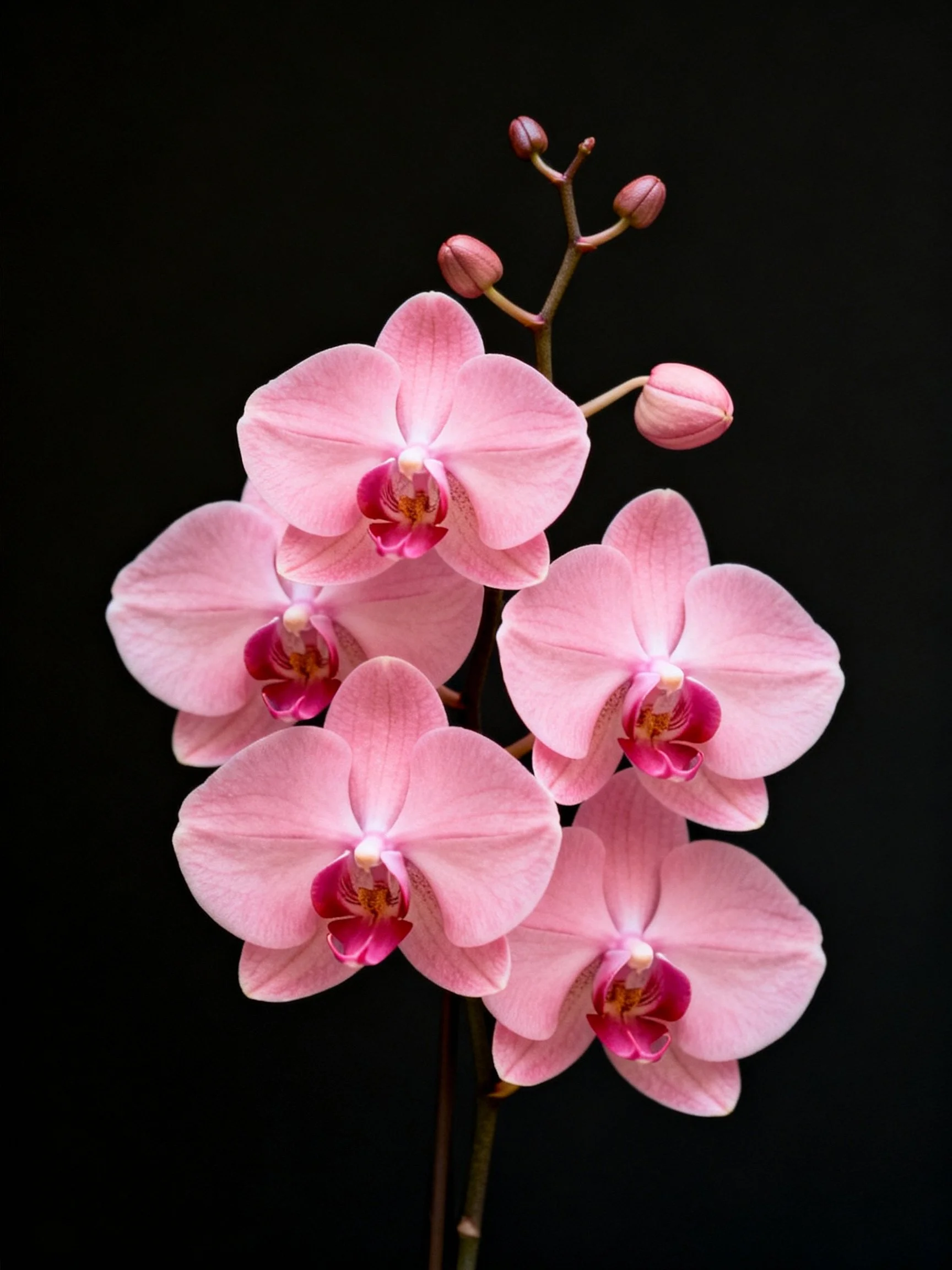 Five pink orchid blossoms with buds against black background