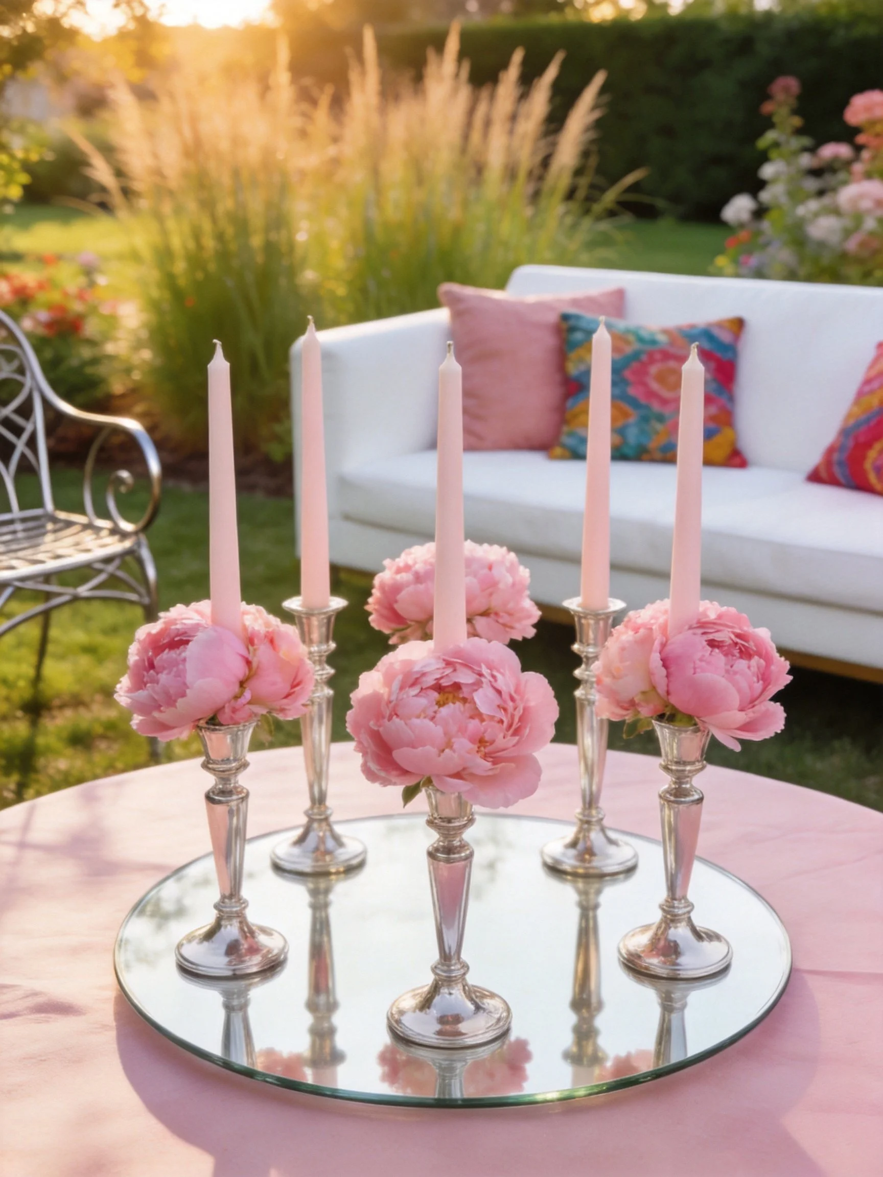 Five pink peony arrangements with tall candles on a mirrored tray outdoors