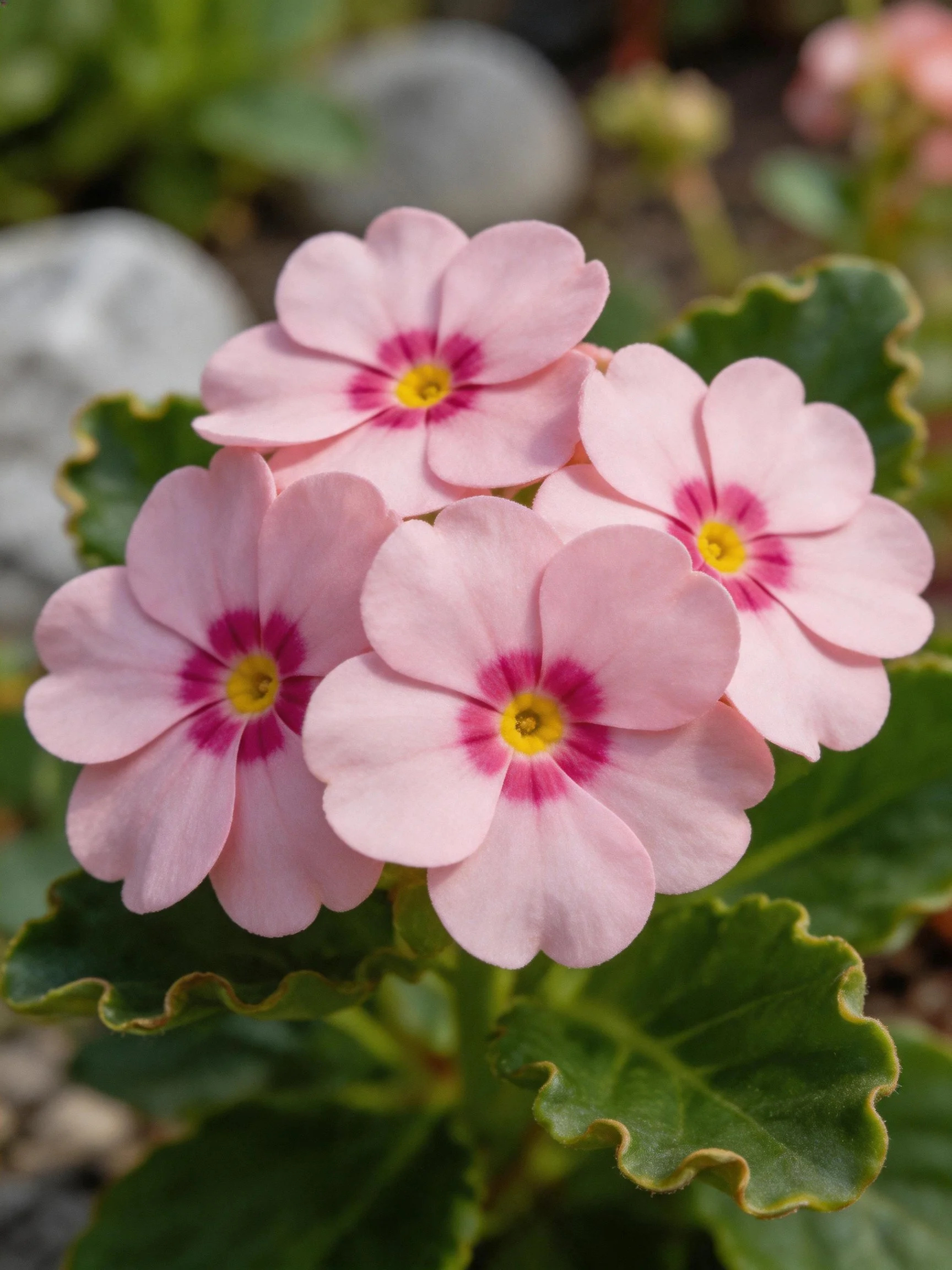 Five pink primrose flowers with magenta centers and green foliage