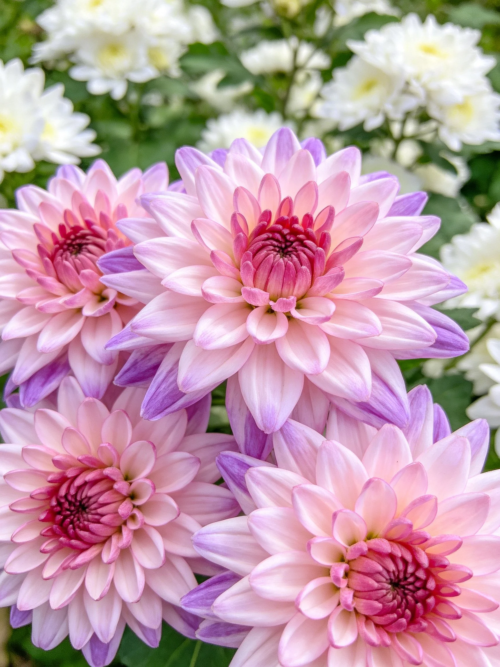 Five pink-purple dahlias with white flowers in background