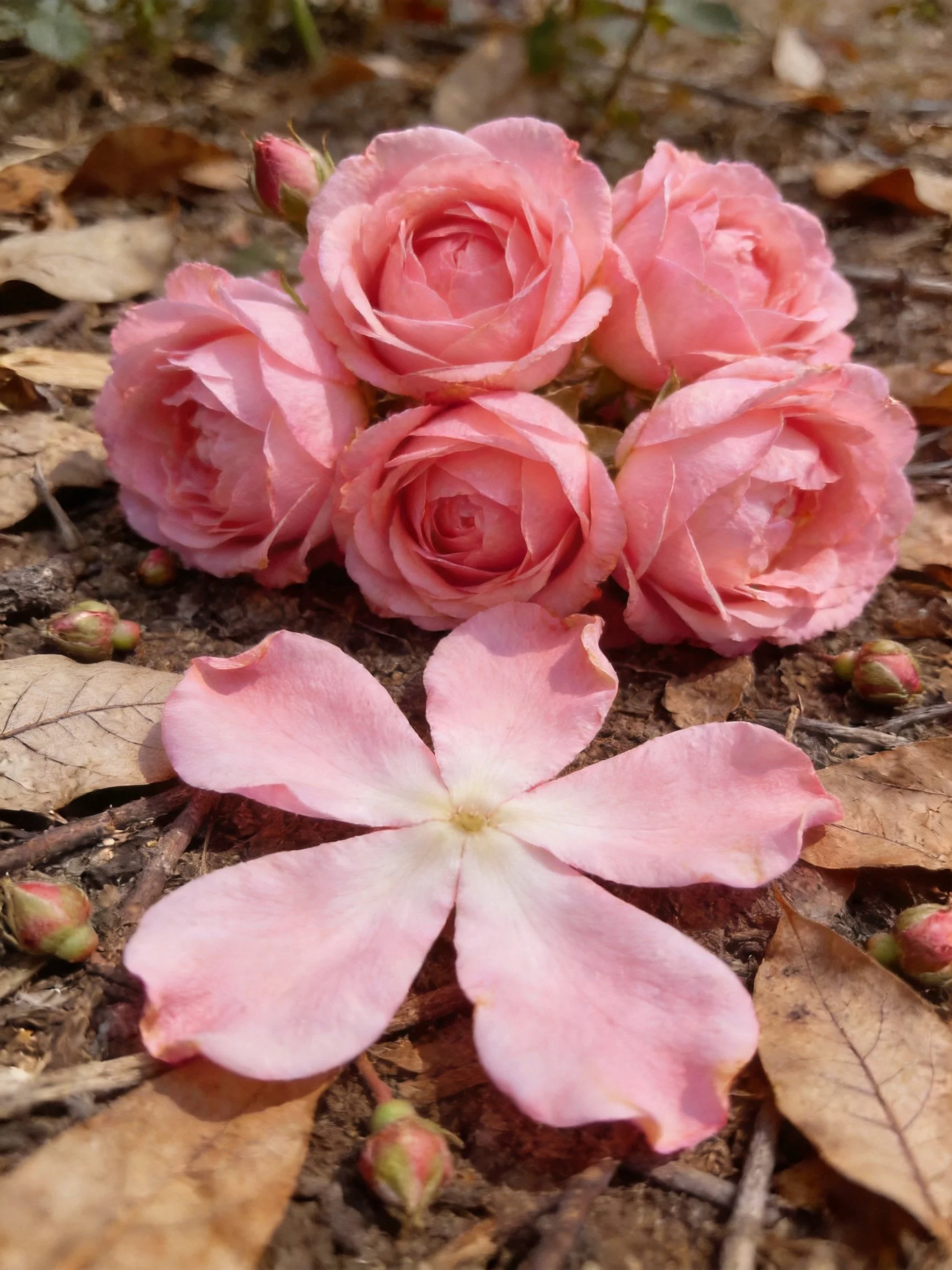 Five pink roses and a single-petaled flower on leaf-strewn ground